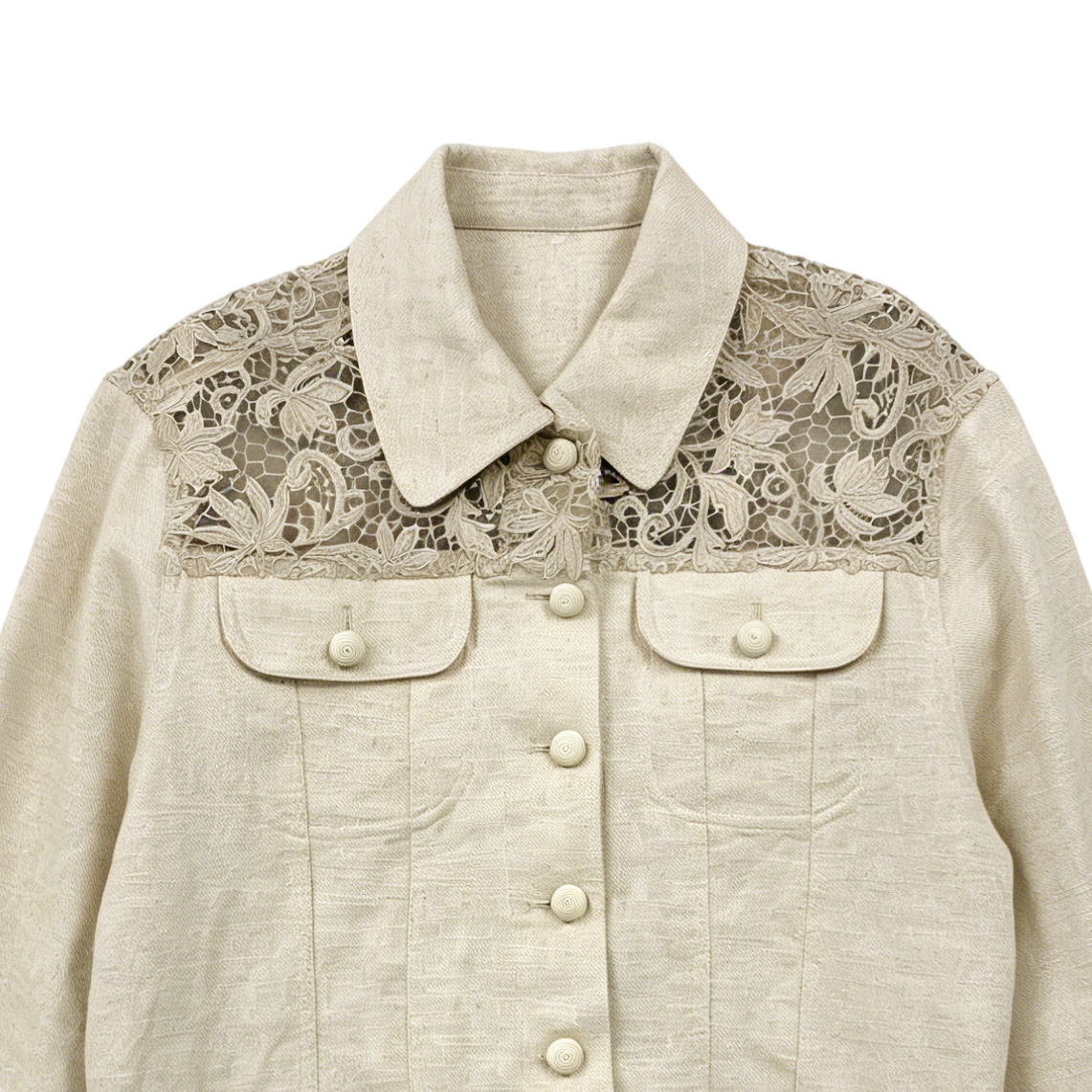 Women’s Lace Panel Linen Blend Cropped Trucker Jacket SZLA-320015