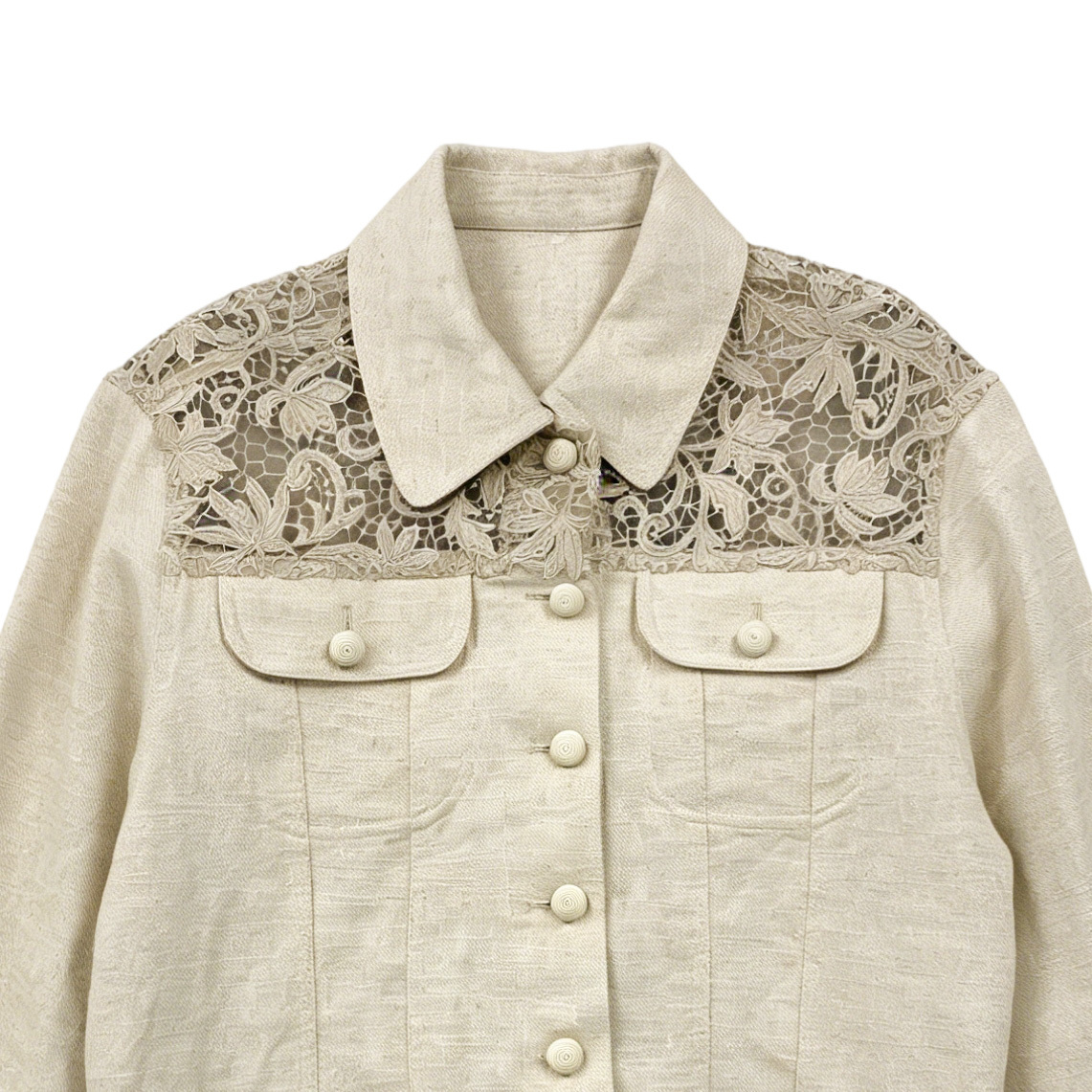 Women’s Lace Panel Linen Blend Cropped Trucker Jacket SZLA-320015