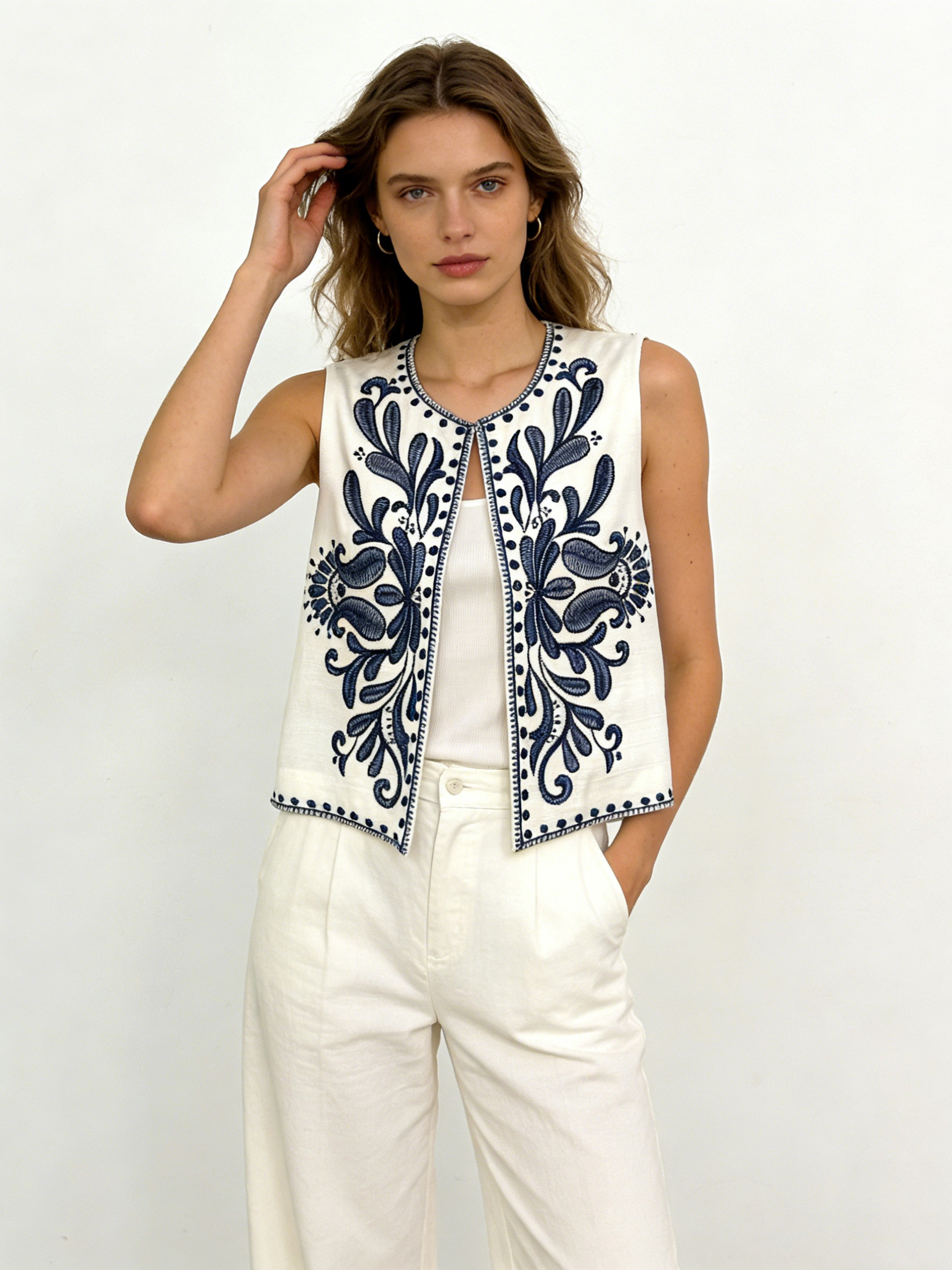 Women’s Boho Floral Embroidered Open Front Vest 