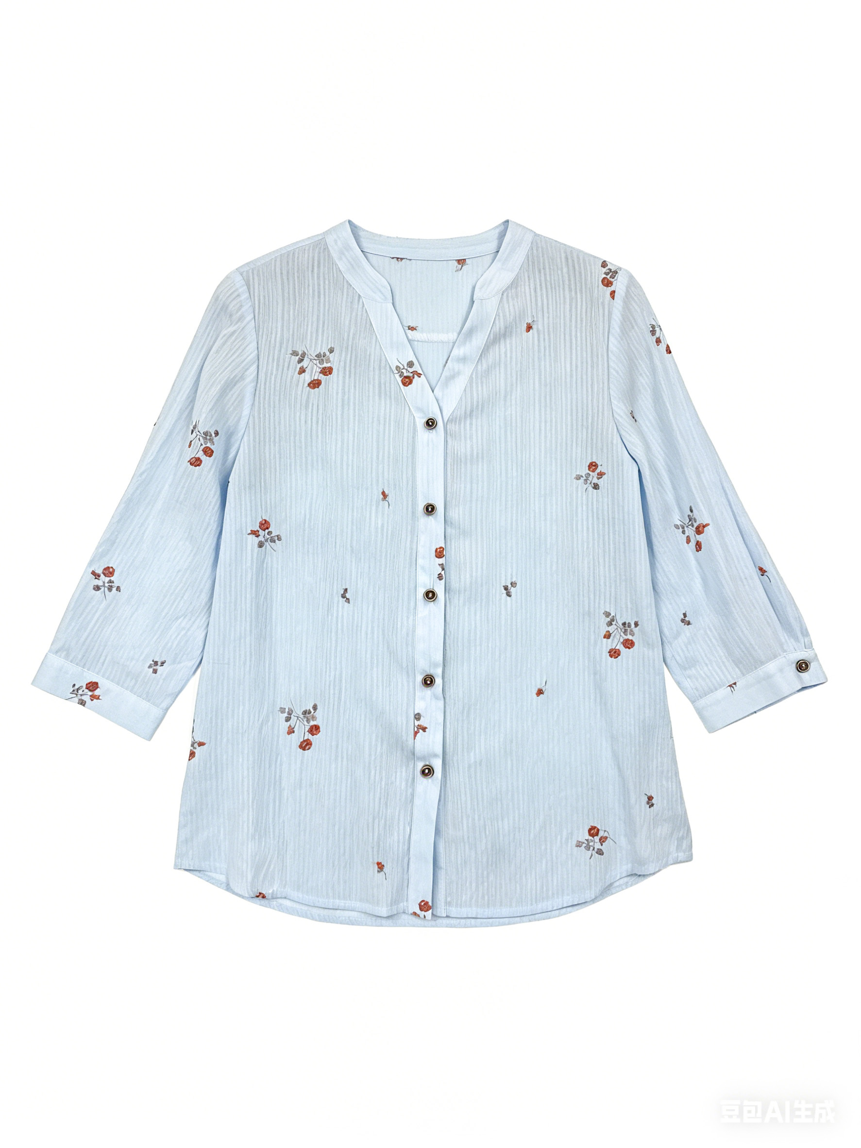 Women's V-Neck Button Down Blouse - Textured Vertical Stripe & Floral Print Shirt A-42524