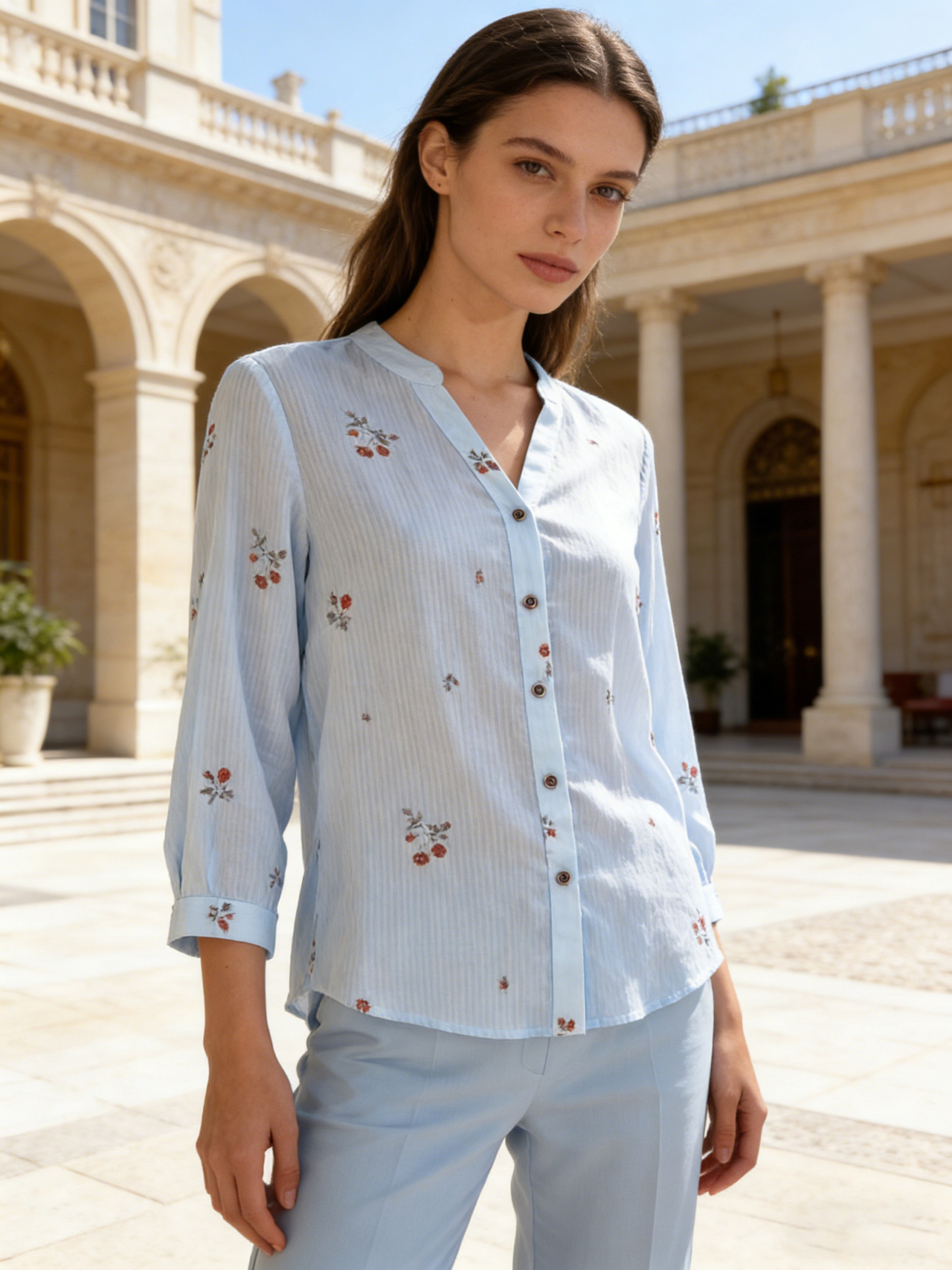 Women's V-Neck Button Down Blouse - Textured Vertical Stripe & Floral Print Shirt A-42524