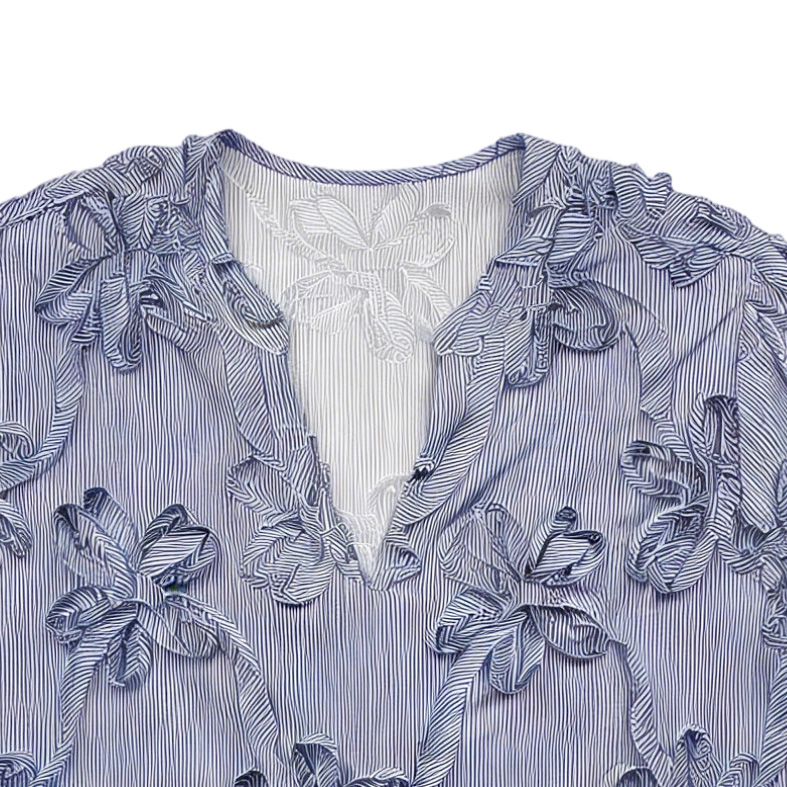 Women’s 3D Floral Applique Striped V Neck Blouse M-42190