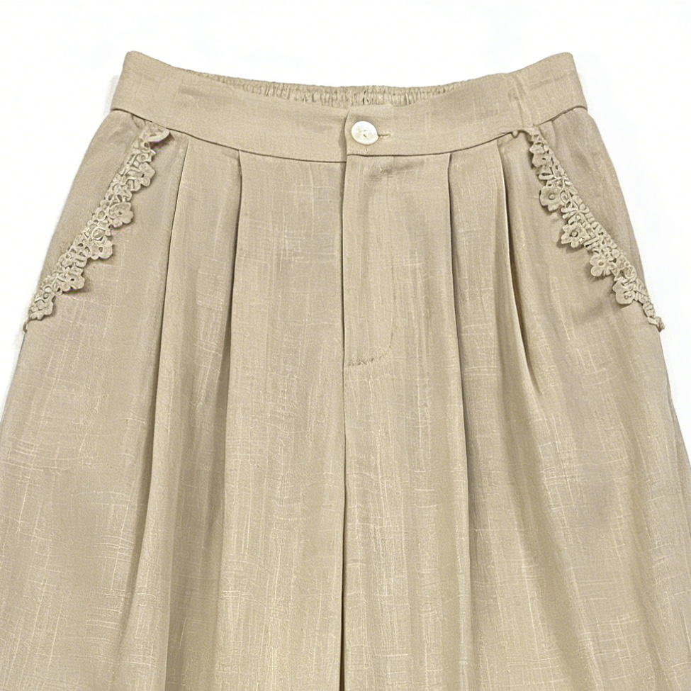 Women’s High Waist Linen Wide Leg Pants with Lace Trim M-42294