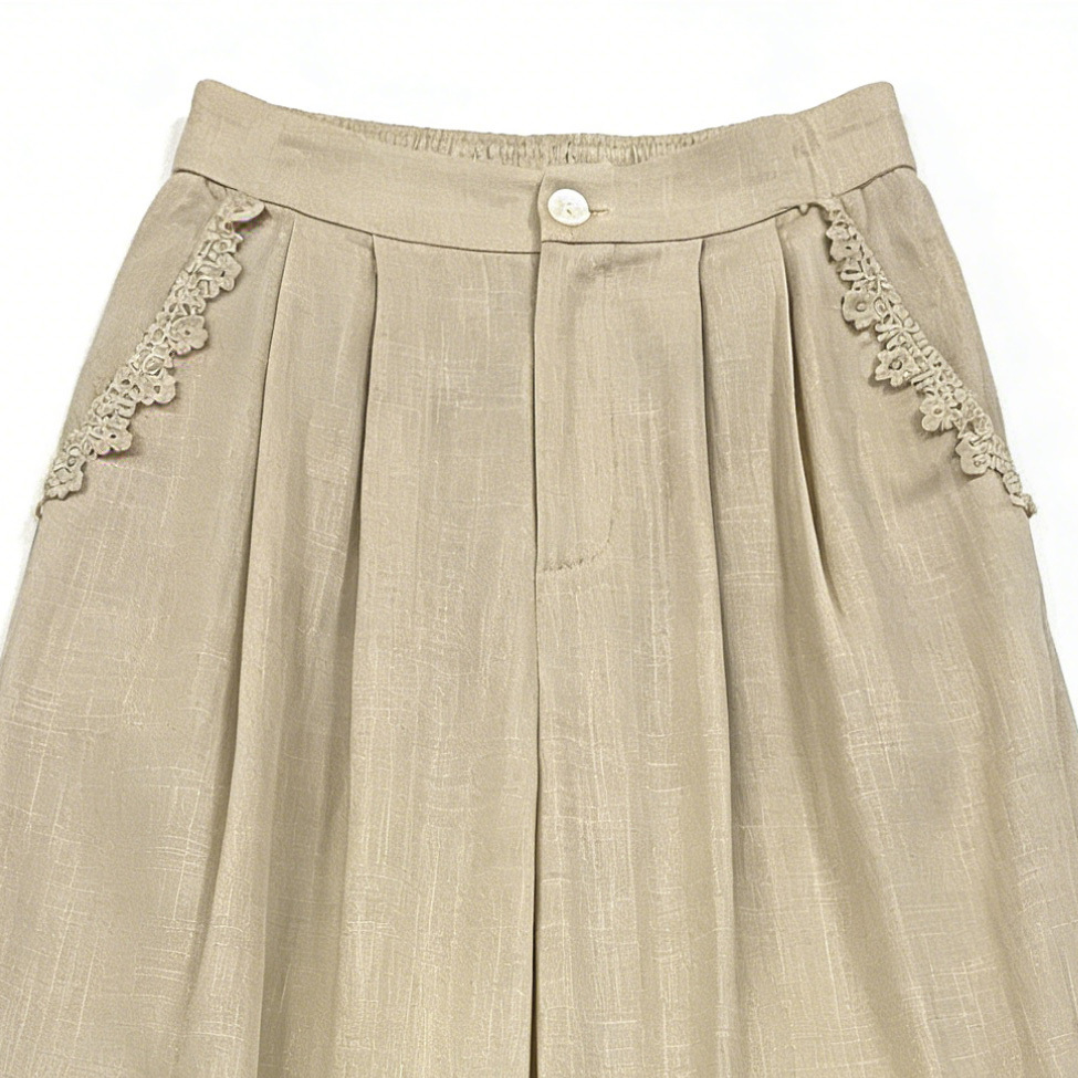 Women’s High Waist Linen Wide Leg Pants with Lace Trim M-42294