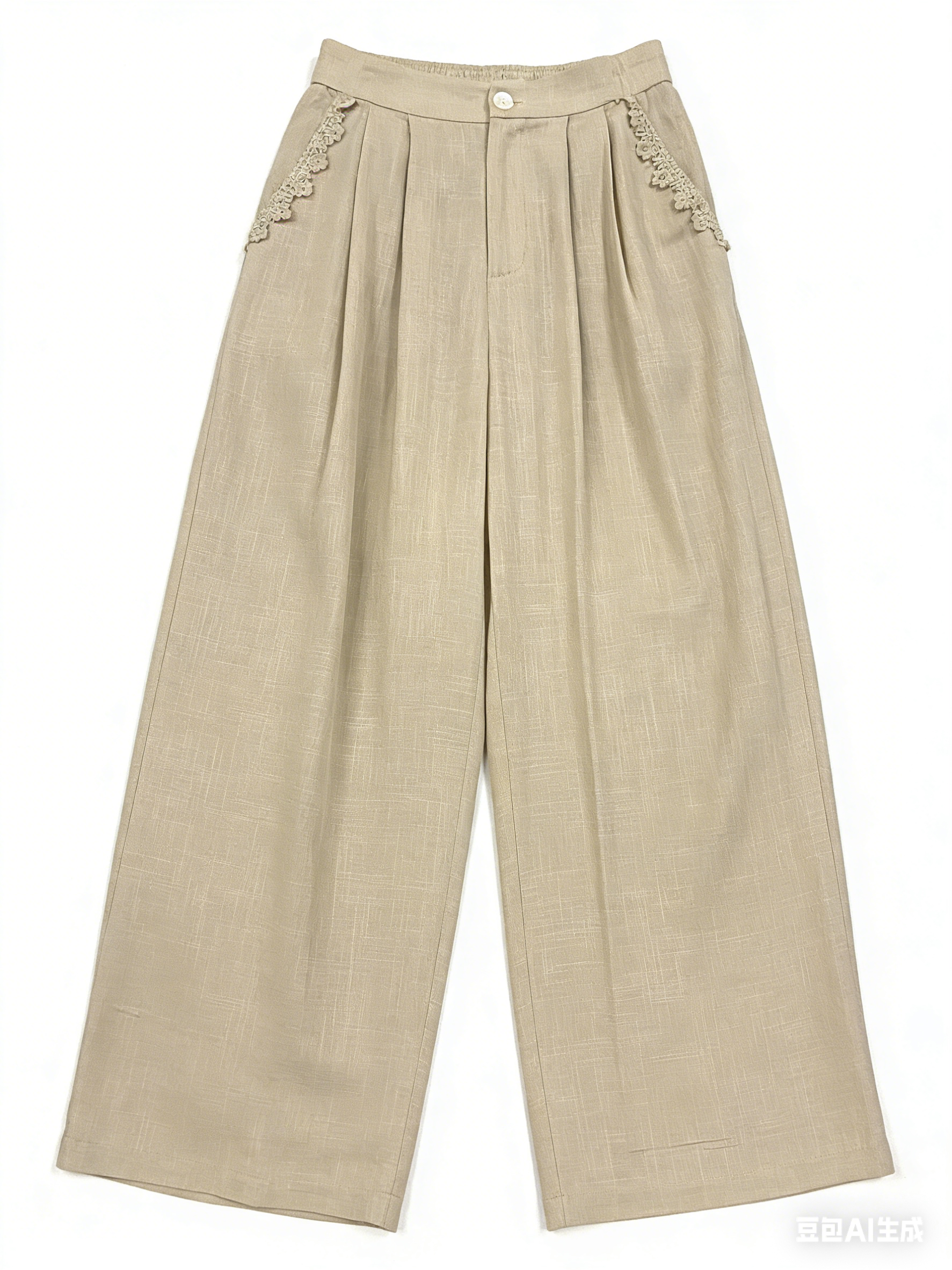 Women’s High Waist Linen Wide Leg Pants with Lace Trim M-42294