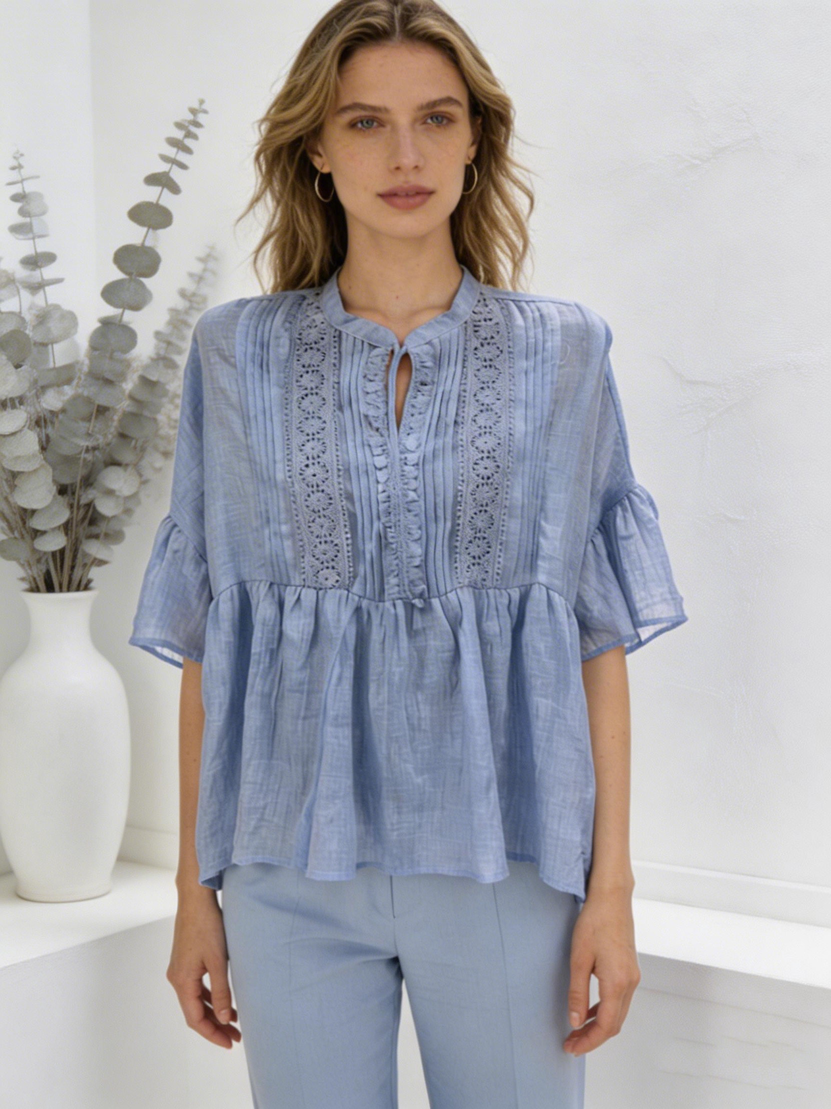 Women’s Boho Lace Trim Tassel Peasant Tunic Top ML3277