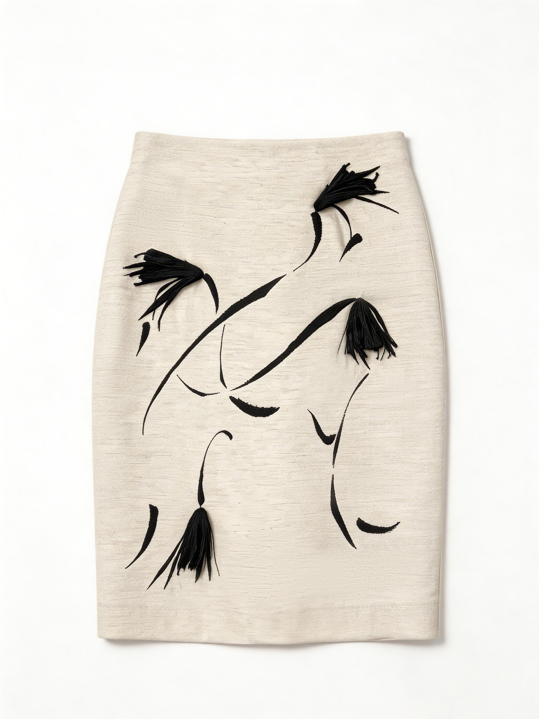 Women's Oriental Ink Painting Tassel Pencil Skirt - Beige High Waist Bodycon Midi Skirt  SZLA-320003