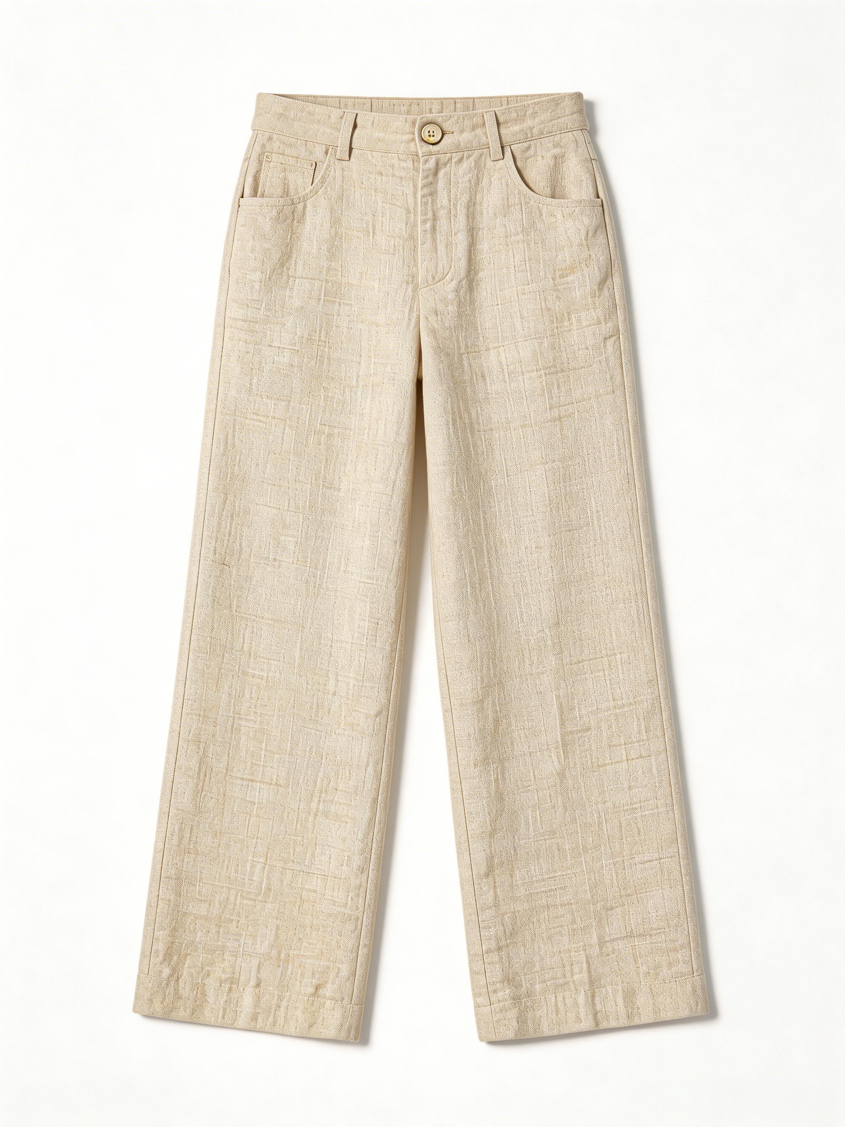 Minimalist Textured Wide Leg Pants - Cream High Waisted Casual  SZLA-320012
