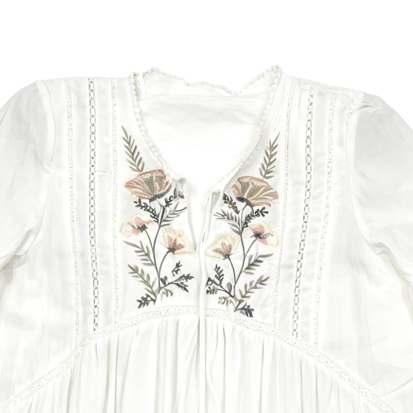 Bohemian Floral Embroidered Tiered Dress - White Bell Sleeve Ruffle Hem Casual Dress for Vacation W-31063