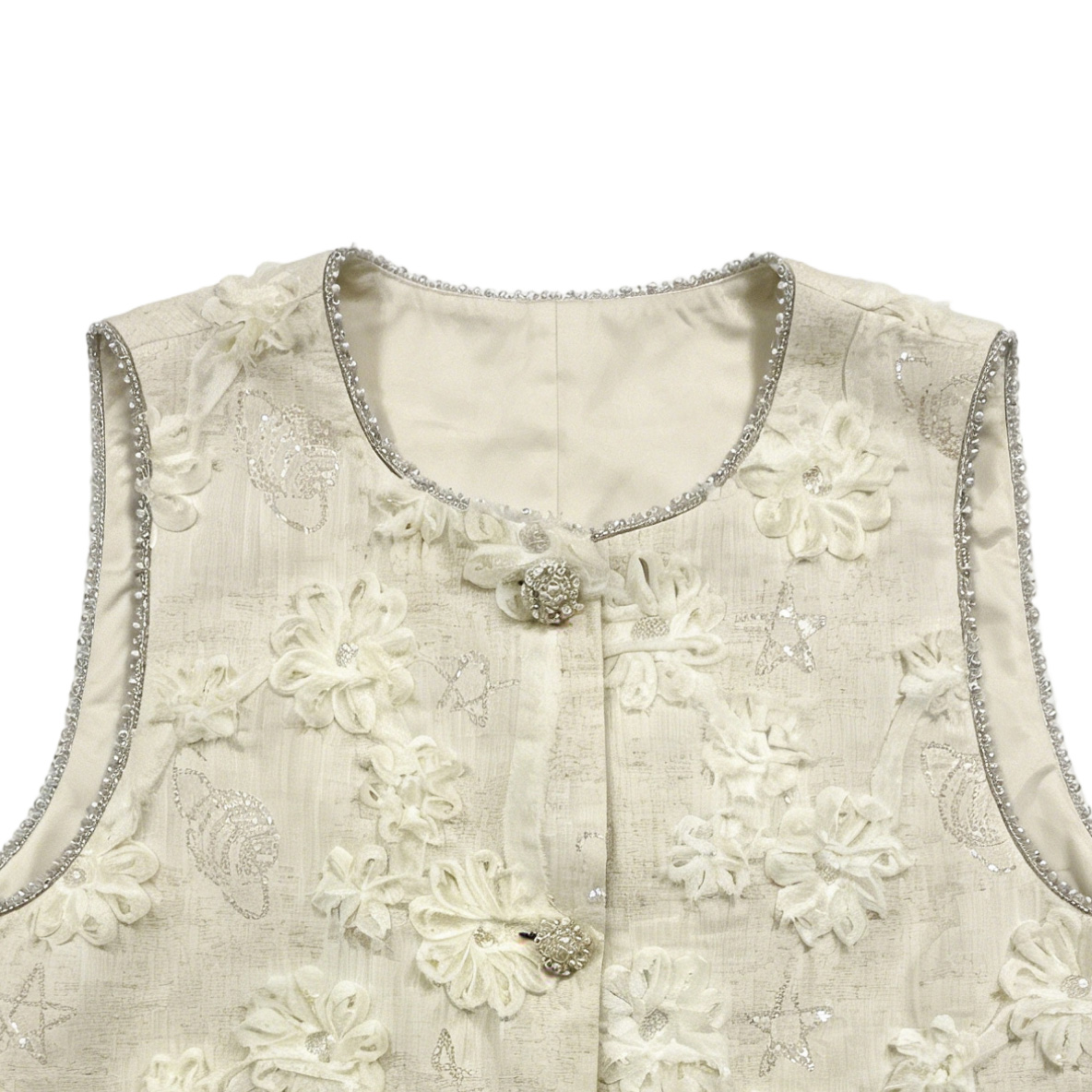 Women's High-end Beige Vest - Exquisite 3D Flower Applique and Crystal Beaded Trim 21779