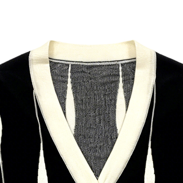 Classic V-Neck Knit Cardigan - Black White Striped Contrast Trim Casual Sweater 80215