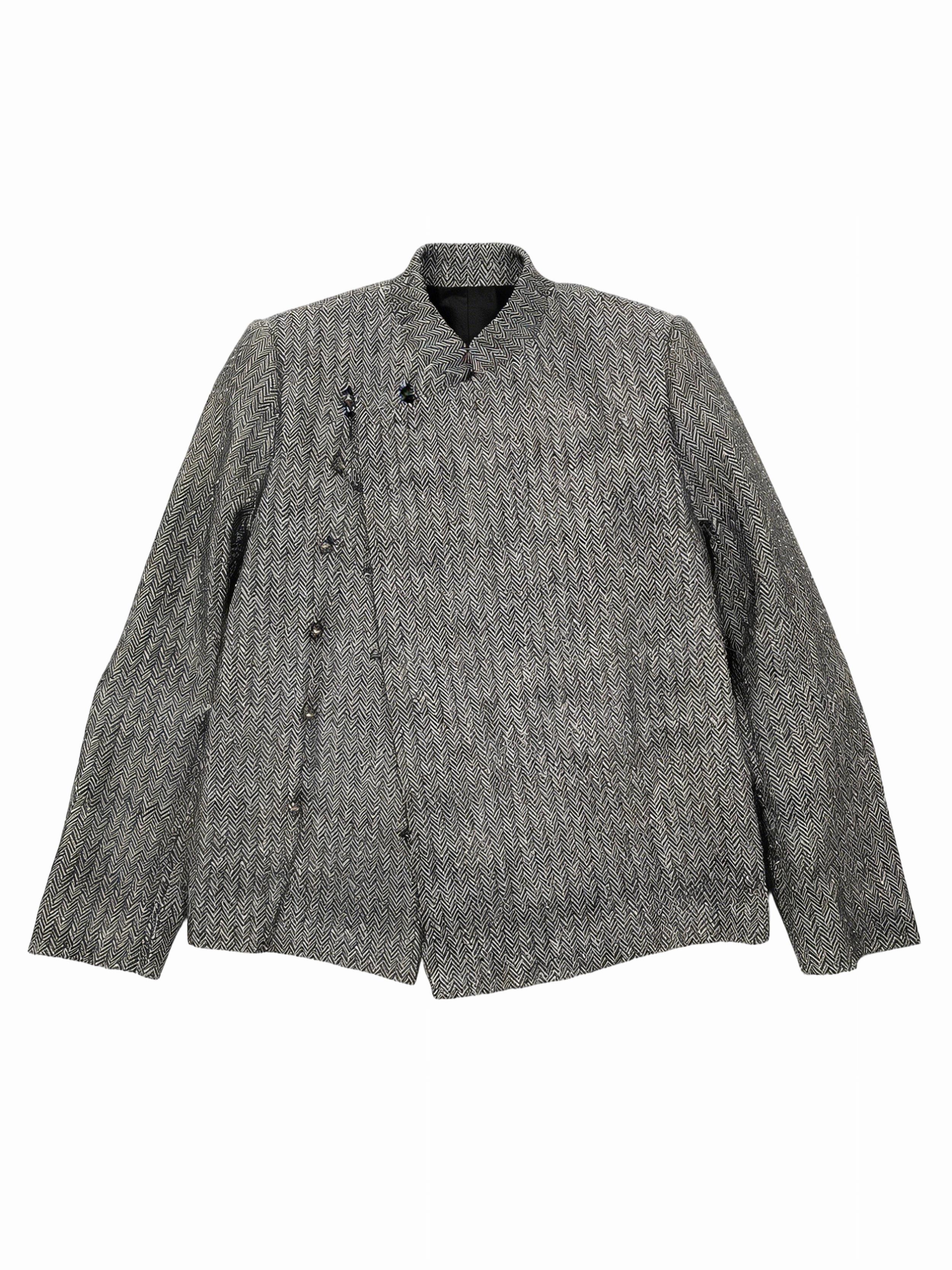 Classic Grey Herringbone Jacket - Chinese Style Stand Collar Diagonal Button Casual Coat 87981