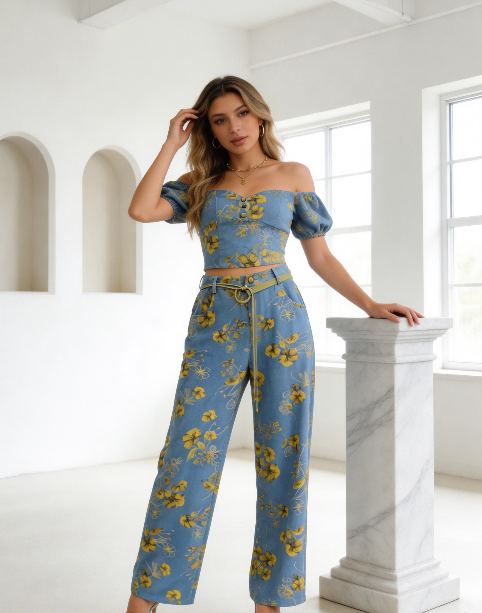 Bohemian Floral Print Wide Leg Jeans - High Waist Belted Casual Denim Trousers A-41667