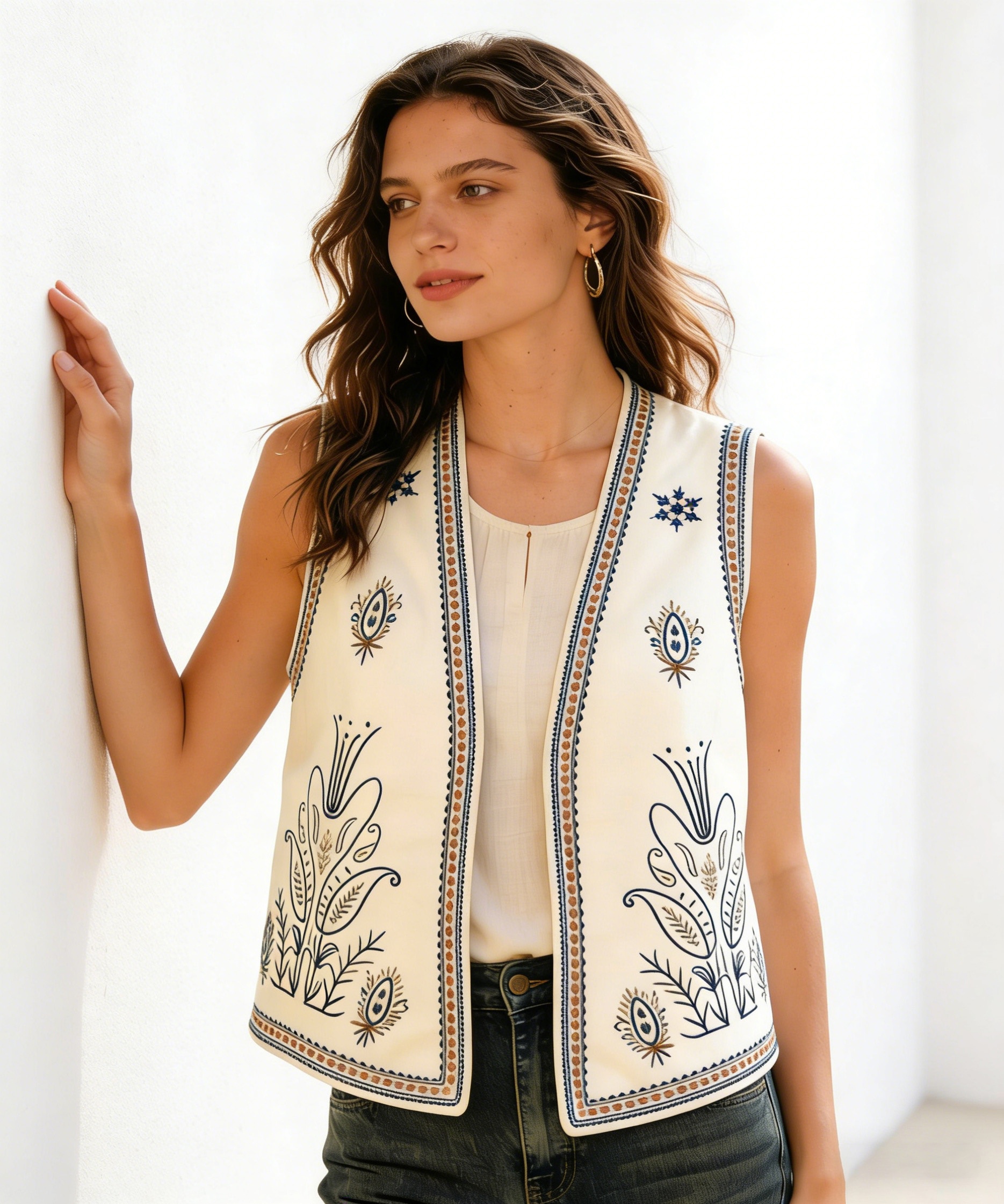 Handmade Floral Embroidered Vest - Beige Bohemian Sleeveless Outerwear AN-980010