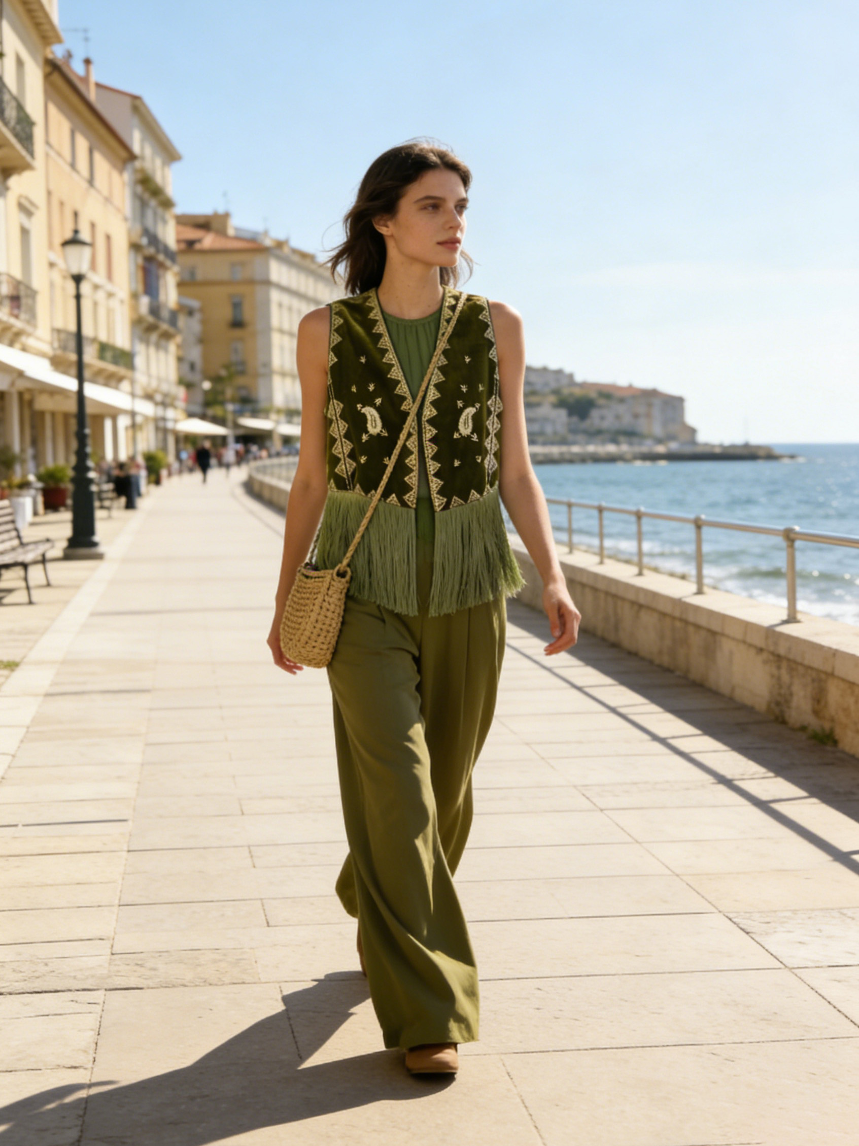 Bohemian Green Velvet Fringe Vest - Gold Paisley Embroidered Ethnic Waistcoat  AN-980011