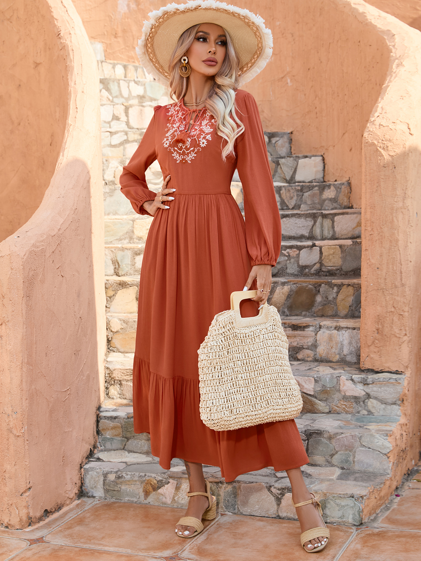 Bohemian Long Sleeve Midi Dress for Women – Embroidered Tassel Fall Dress D-34221