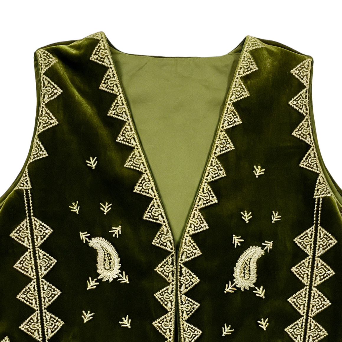 Bohemian Green Velvet Fringe Vest - Gold Paisley Embroidered Ethnic Waistcoat  AN-980011