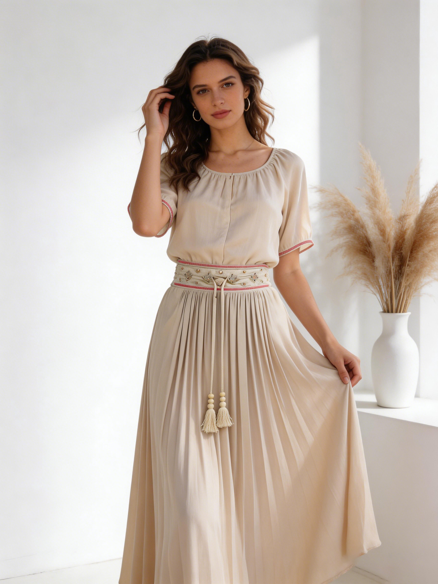 Ethnic Style Embroidered Skirt - Beige High Waist Tassel Trim Boho Maxi Skirt  AW-R290026