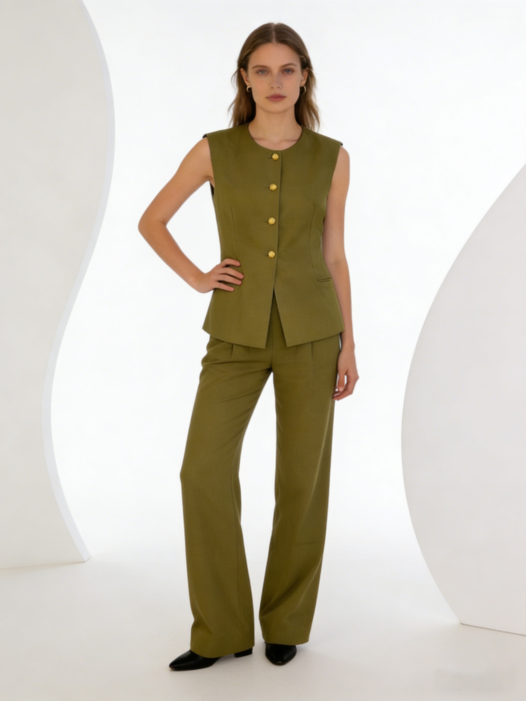 Olive Green Vest & Wide Leg Pants Set - Tailored Waistcoat & High Waist Trousers C-41335，C-41336
