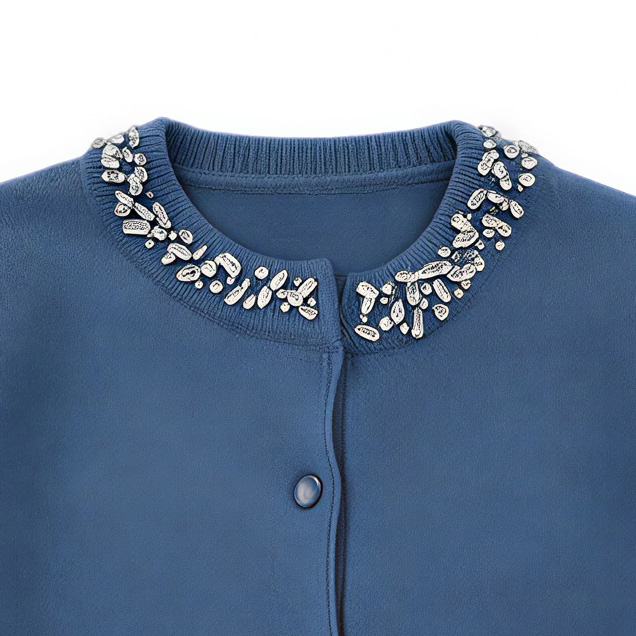 Chic Blue Beaded Neck Cardigan - Crew Neck Button Up Knit Top  MAN-860070