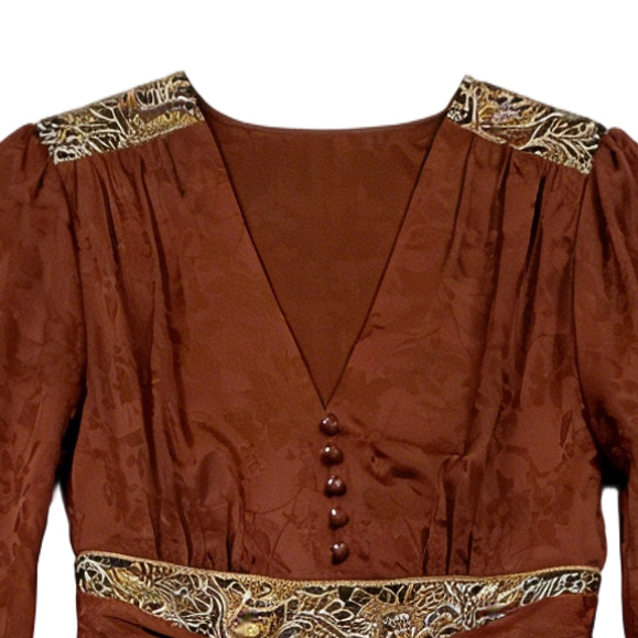 Boho Rust Brown Maxi Dress - Floral Jacquard & Gold Embroidery Waistband  W-37480