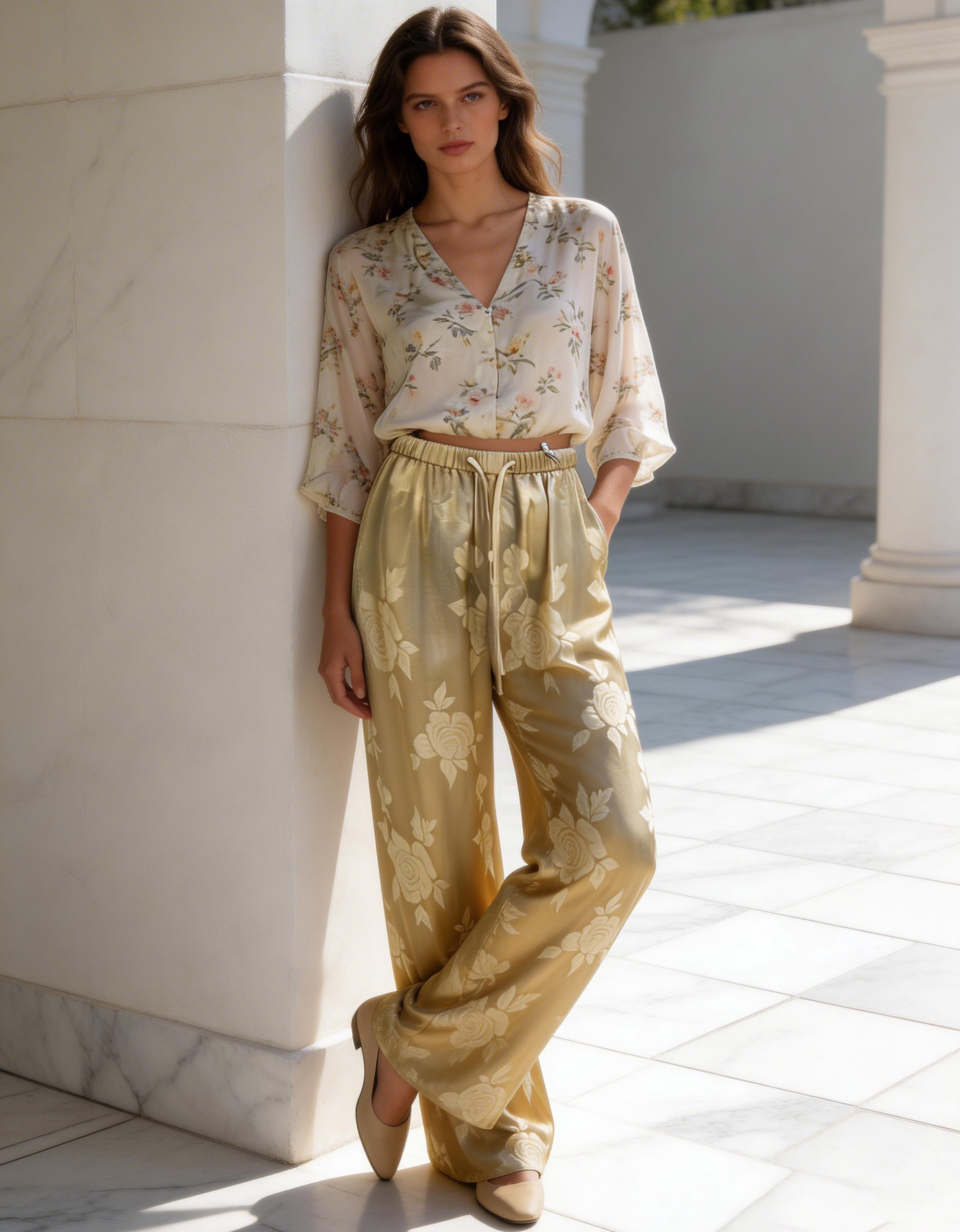 Women's Champagne Satin Wide Leg Pants - Rose Jacquard Drawstring Waist Trousers W-38546