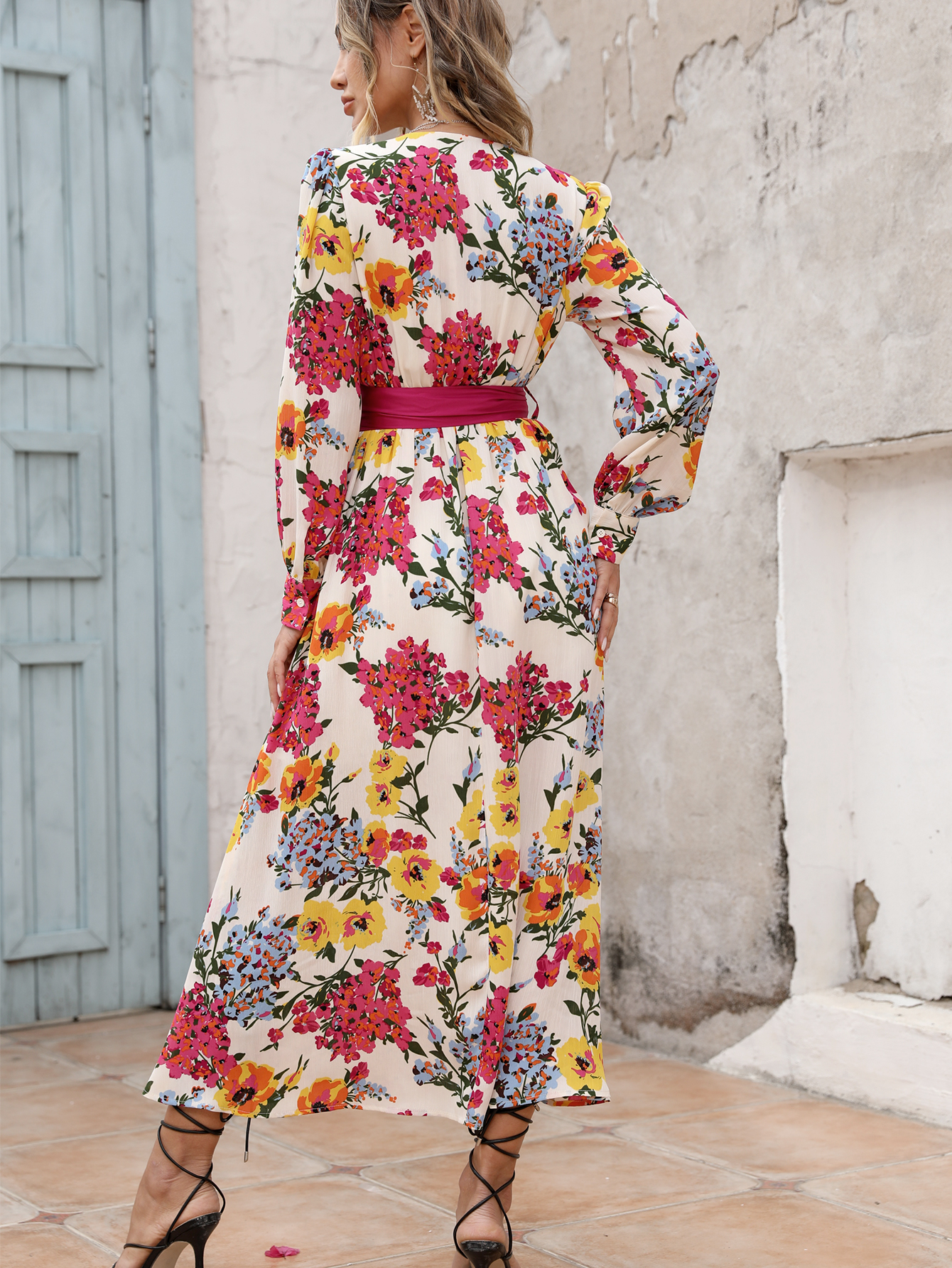 Women’s Boho Floral Midi Dress with V Neck and Sash Belt D-34237
