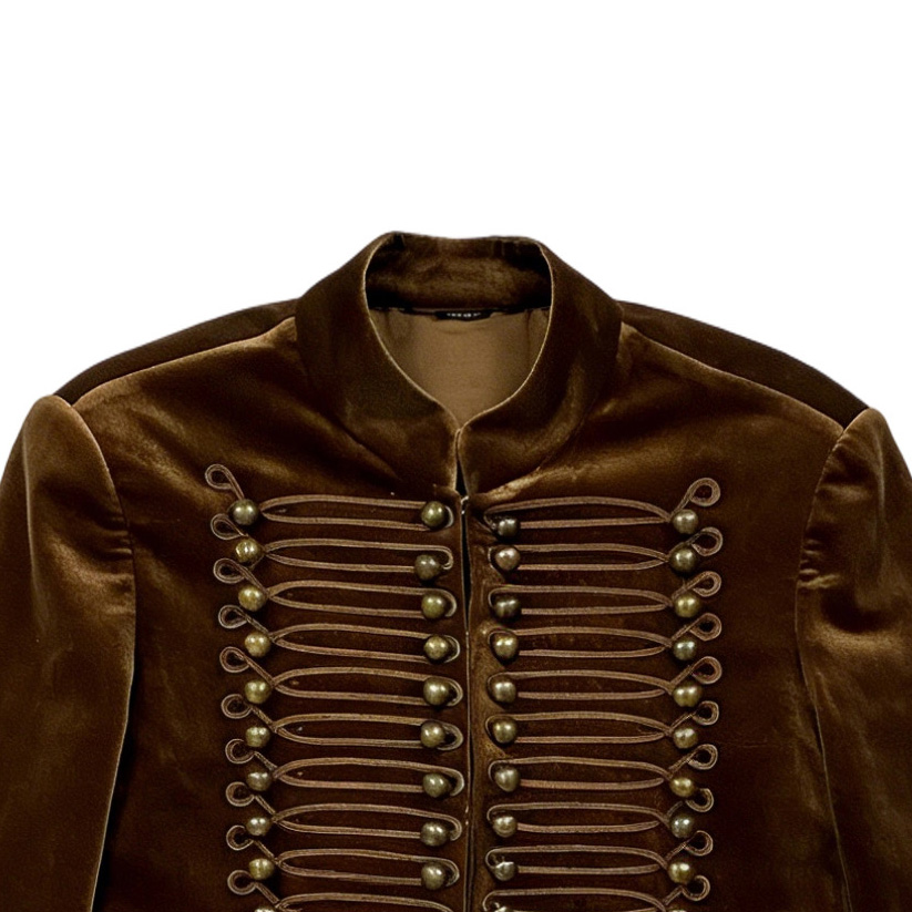 Chic Brown Velvet Parade Jacket - Double Row Button & Rope Trim Short Blazer W-39347