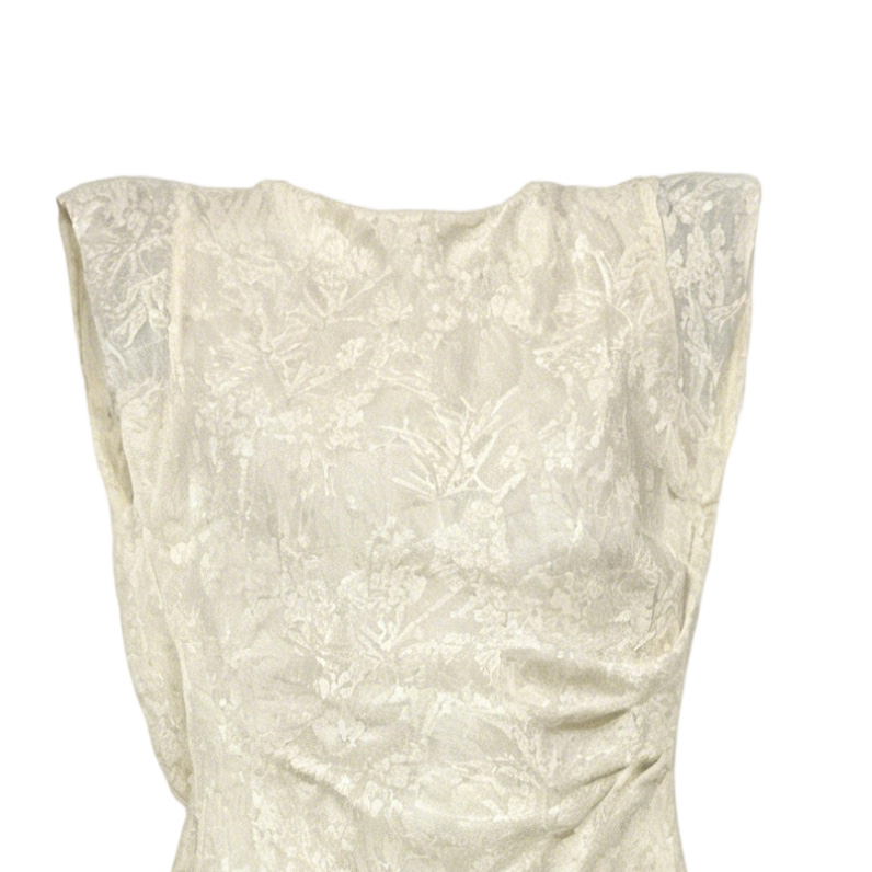 Chic Ivory Jacquard Dress - Boat Neck Ruched Waist Casual Midi Dress  W-41151