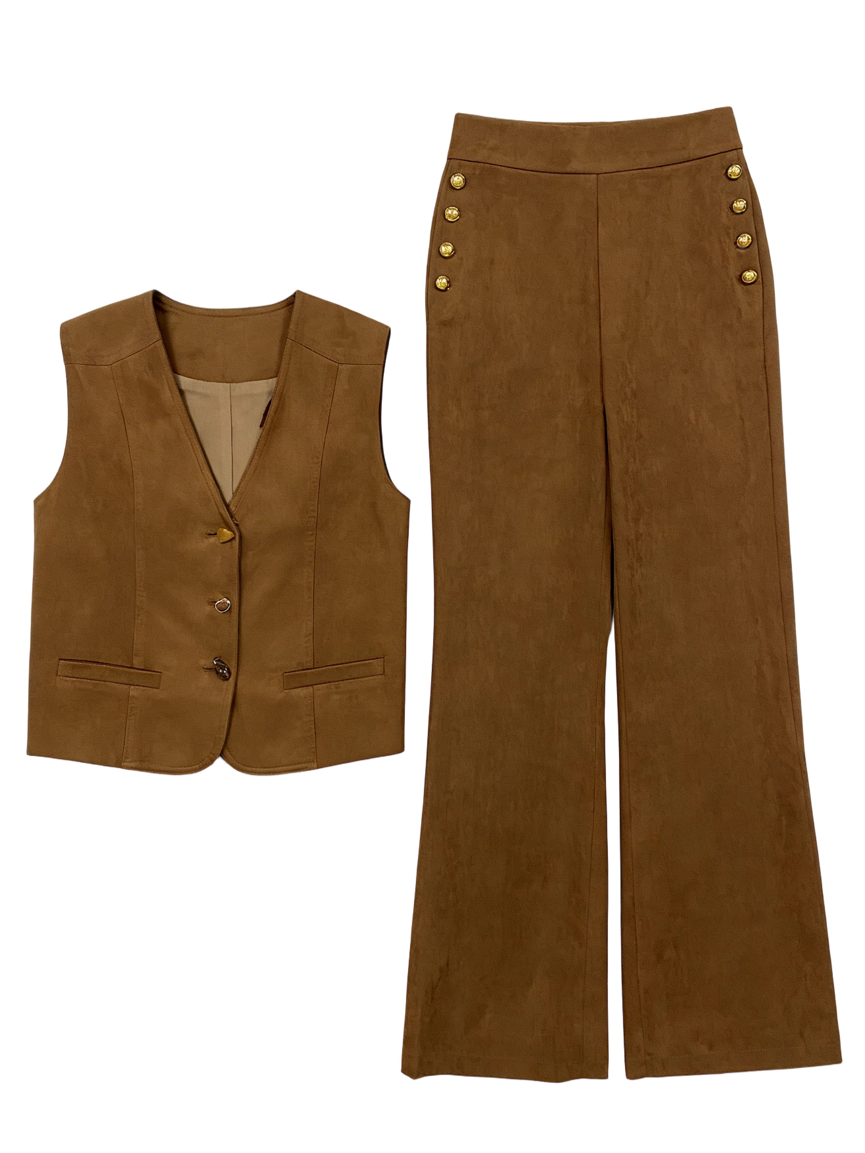 Smart Casual Tan Suede Outfit Set - Sleeveless Vest & Flare Trousers  W41352，W-41486+W-41487