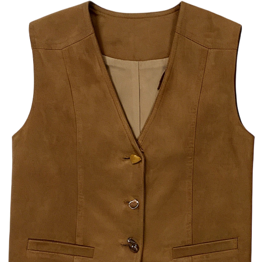 Smart Casual Tan Suede Outfit Set - Sleeveless Vest & Flare Trousers  W41352，W-41486+W-41487