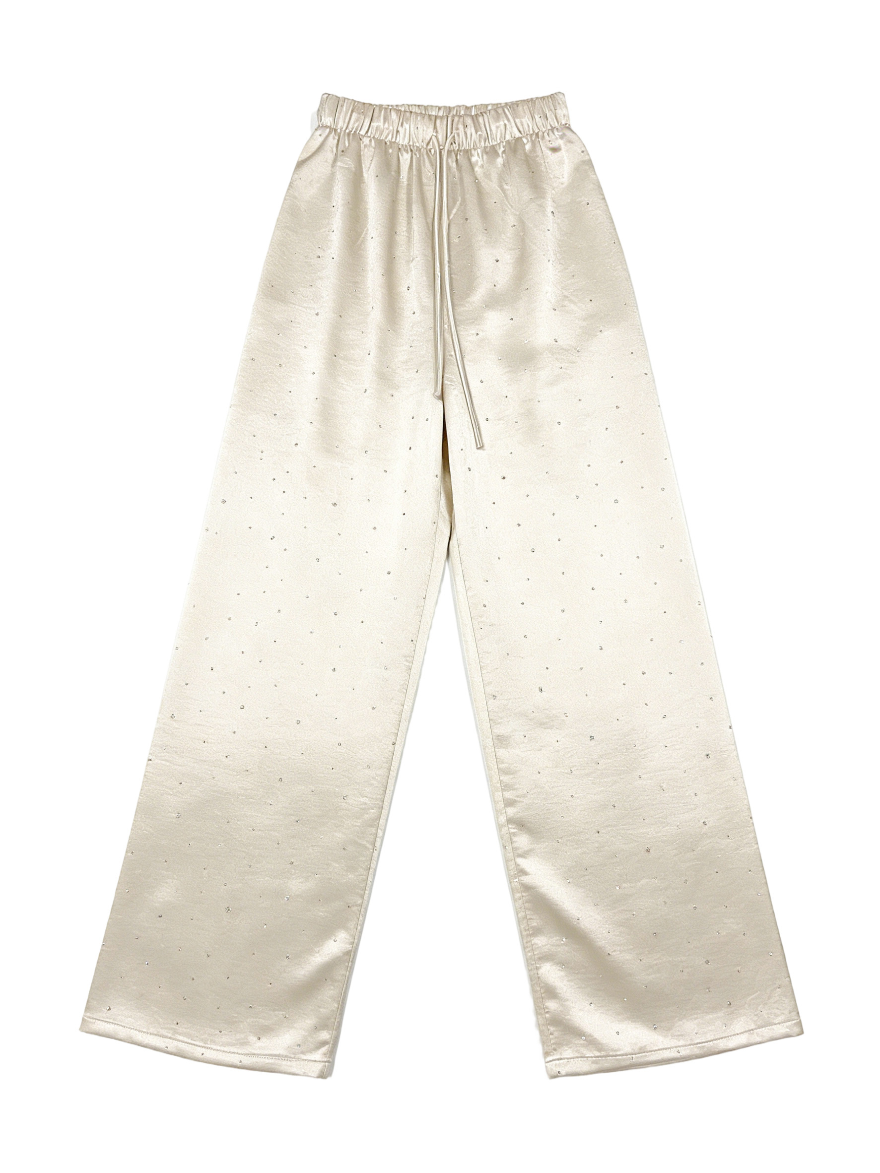 Women's Beige Satin Wide Leg Pants - Rhinestone Embellished Drawstring Trousers 21792