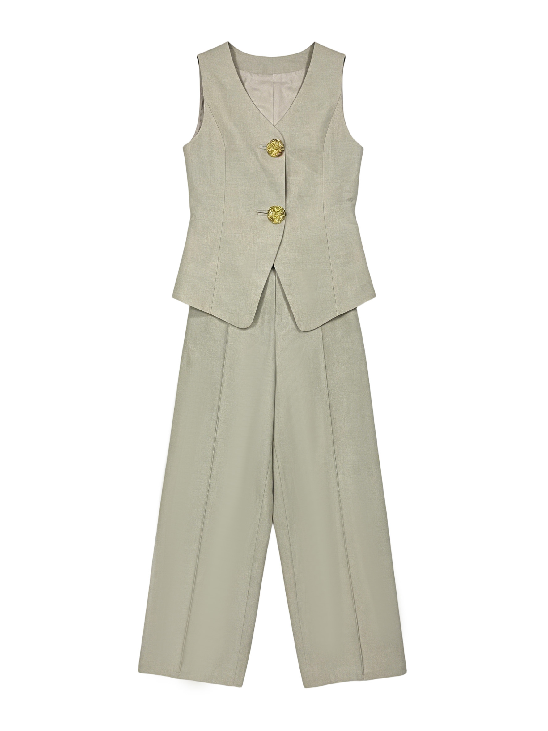 Minimalist Sage Green Suit - Oversized Gold Button Vest & Wide Leg Pants  C-41251+C-41250