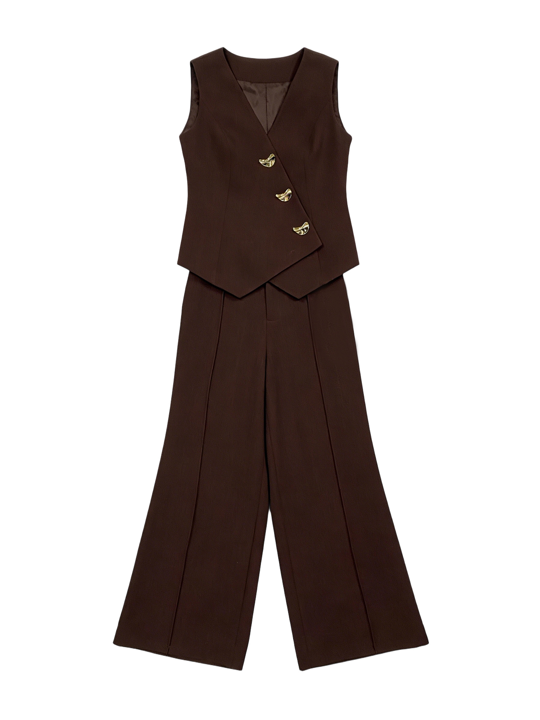 Elegant Brown Two Piece Set - Asymmetric Waistcoat & High Waist Flare Trousers  C-41704，C-41703