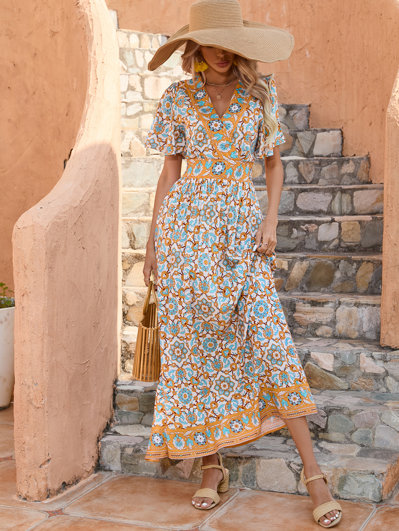 Women’s Boho Floral Midi Dress with V Neck and Flutter Sleeves D-34295