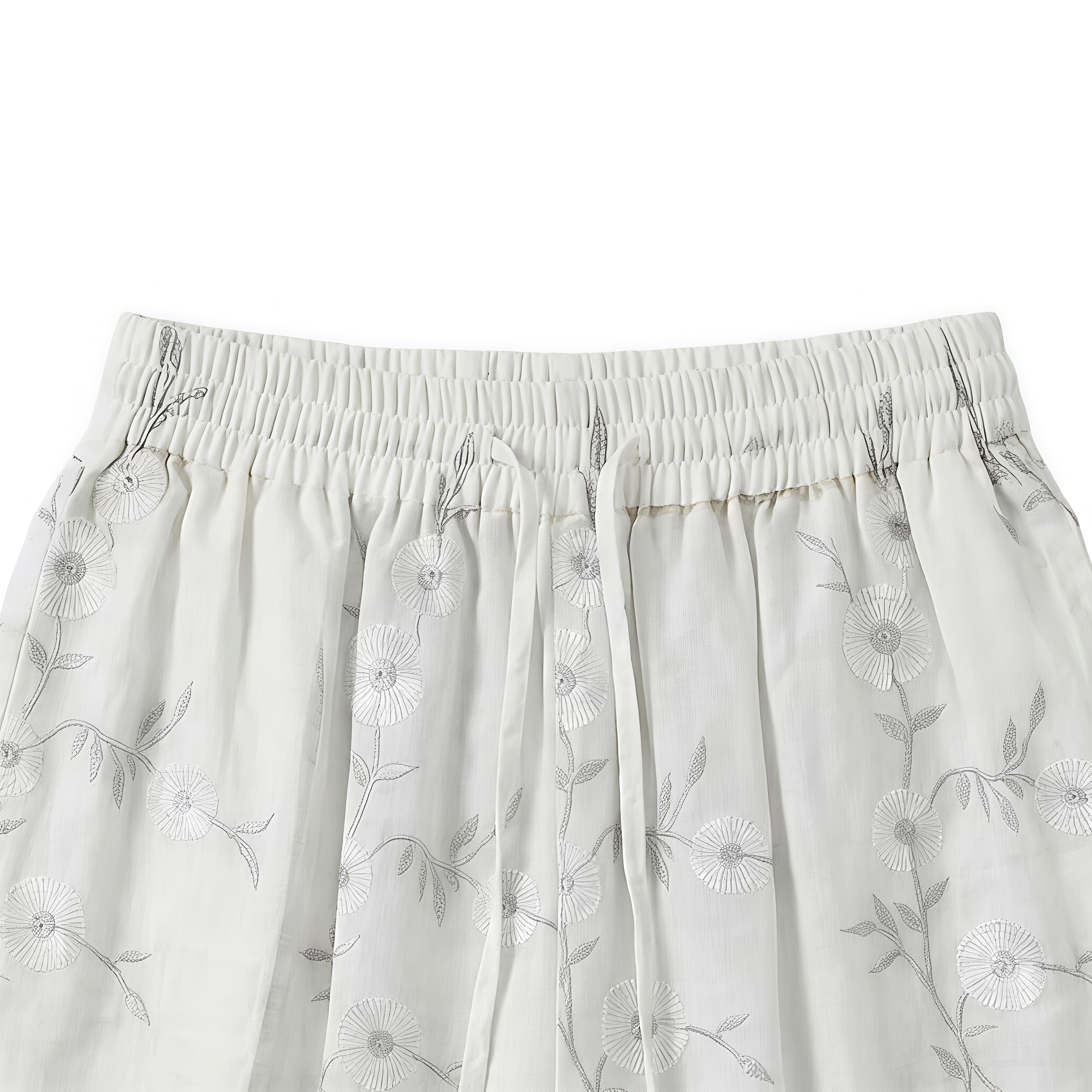 Oriental Style White Linen Shorts - Silver Floral Embroidery Side Split Casual Shorts  W-41345