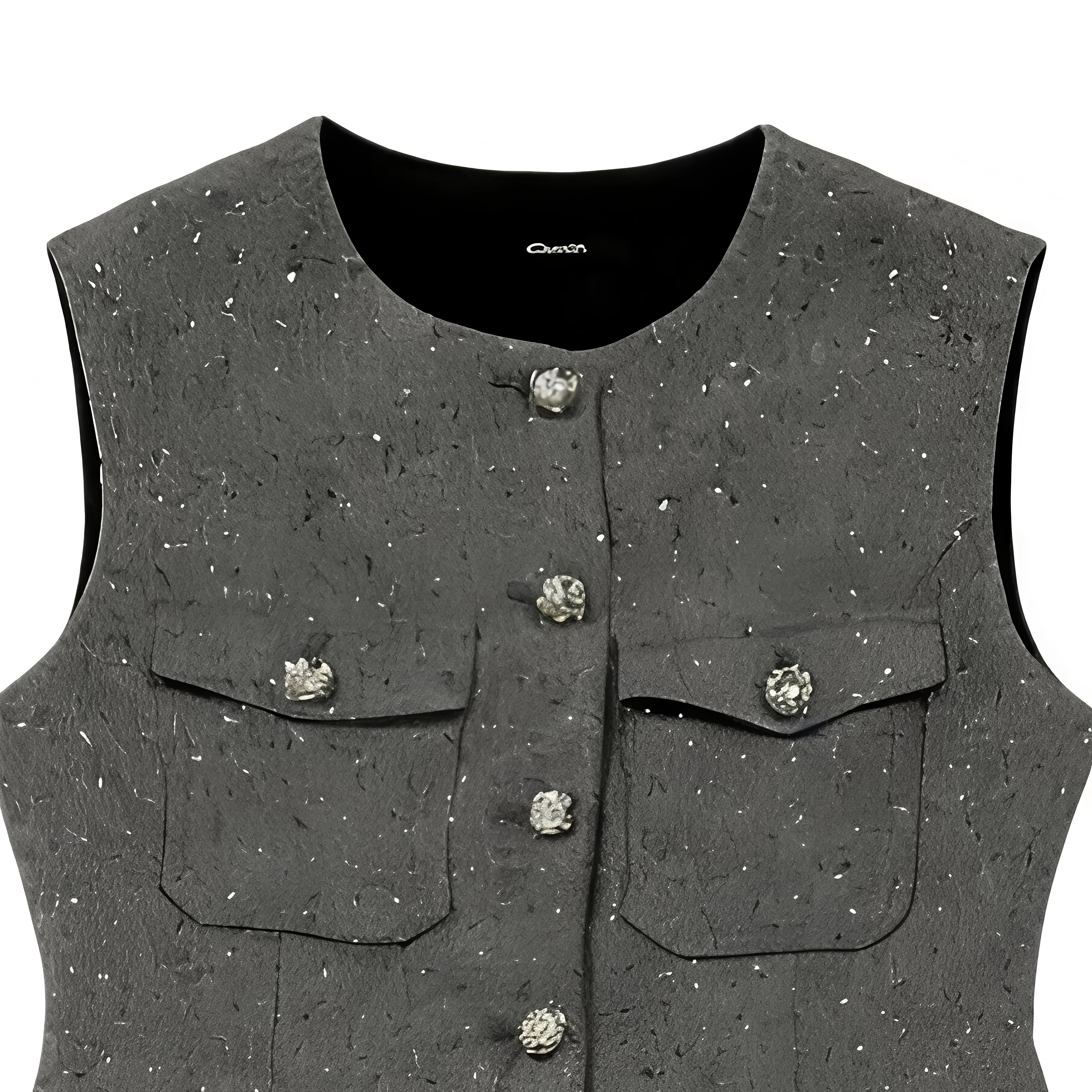Luxury Grey Boucle Two Piece Set - Embellished Button Vest & High Waist Trousers W-41365，W-41364