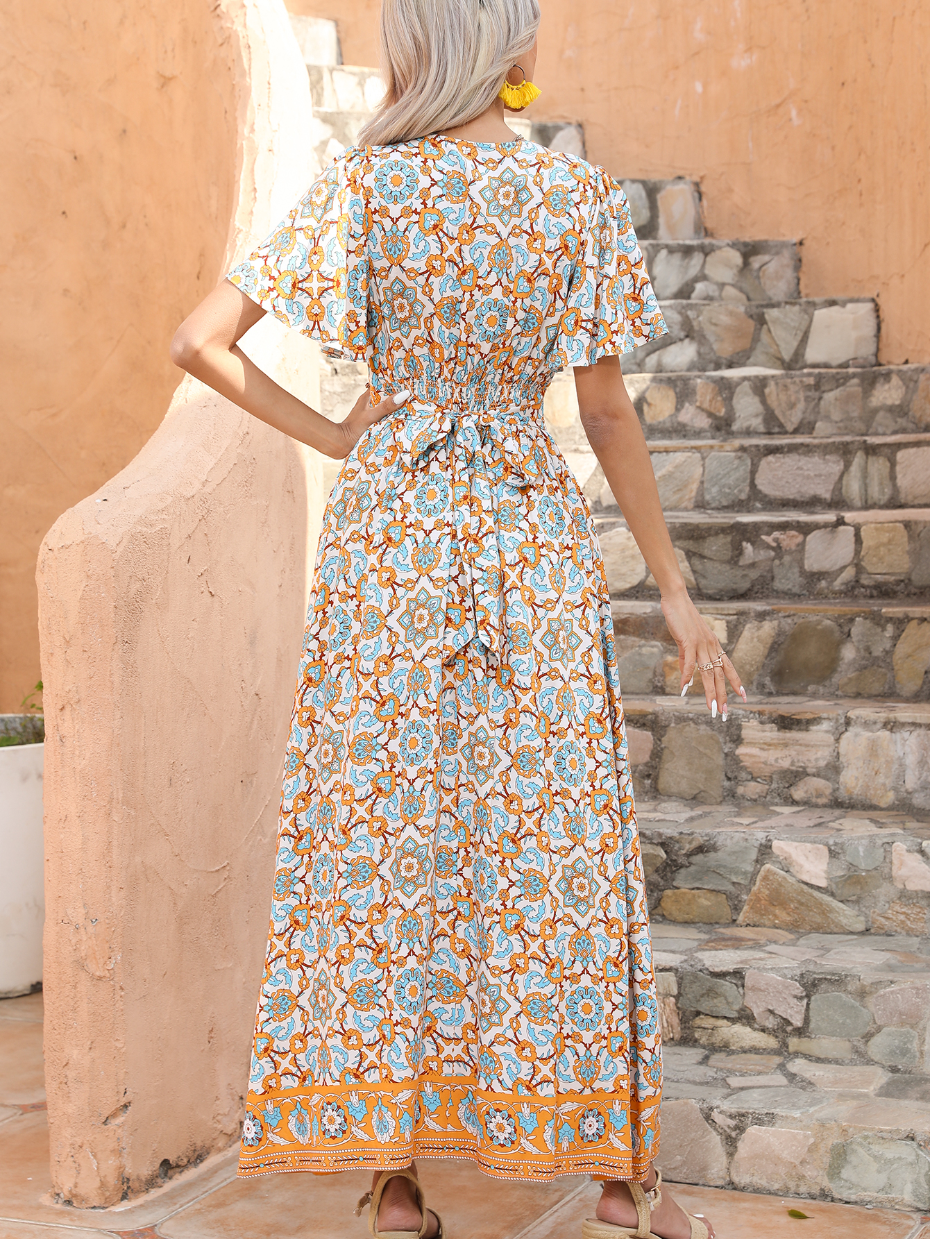 Women’s Boho Floral Midi Dress with V Neck and Flutter Sleeves D-34295