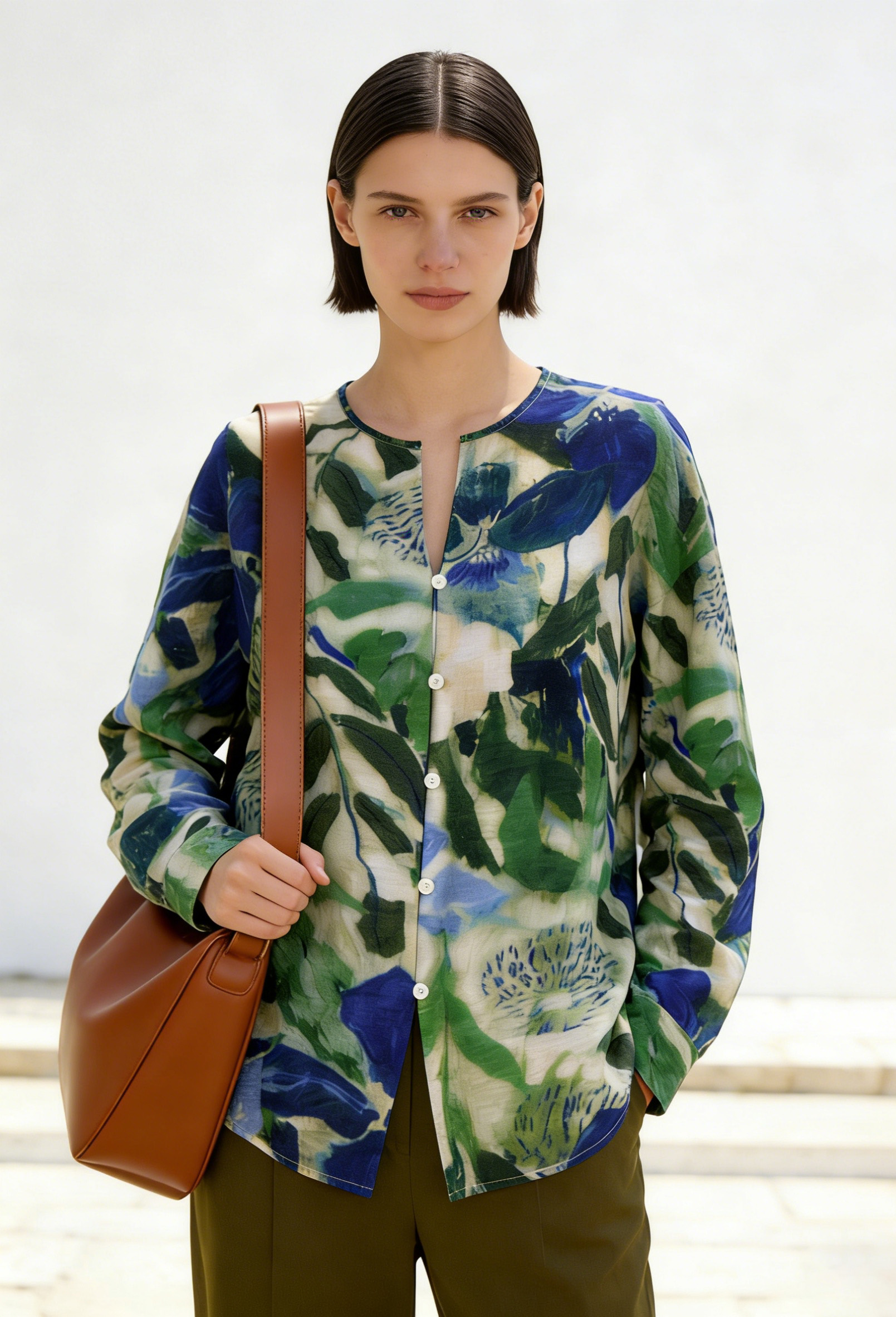 Floral Print Linen Blend Shirt – Casual V-Neck Button Down Loose Fit Resort Blouse AN-121007