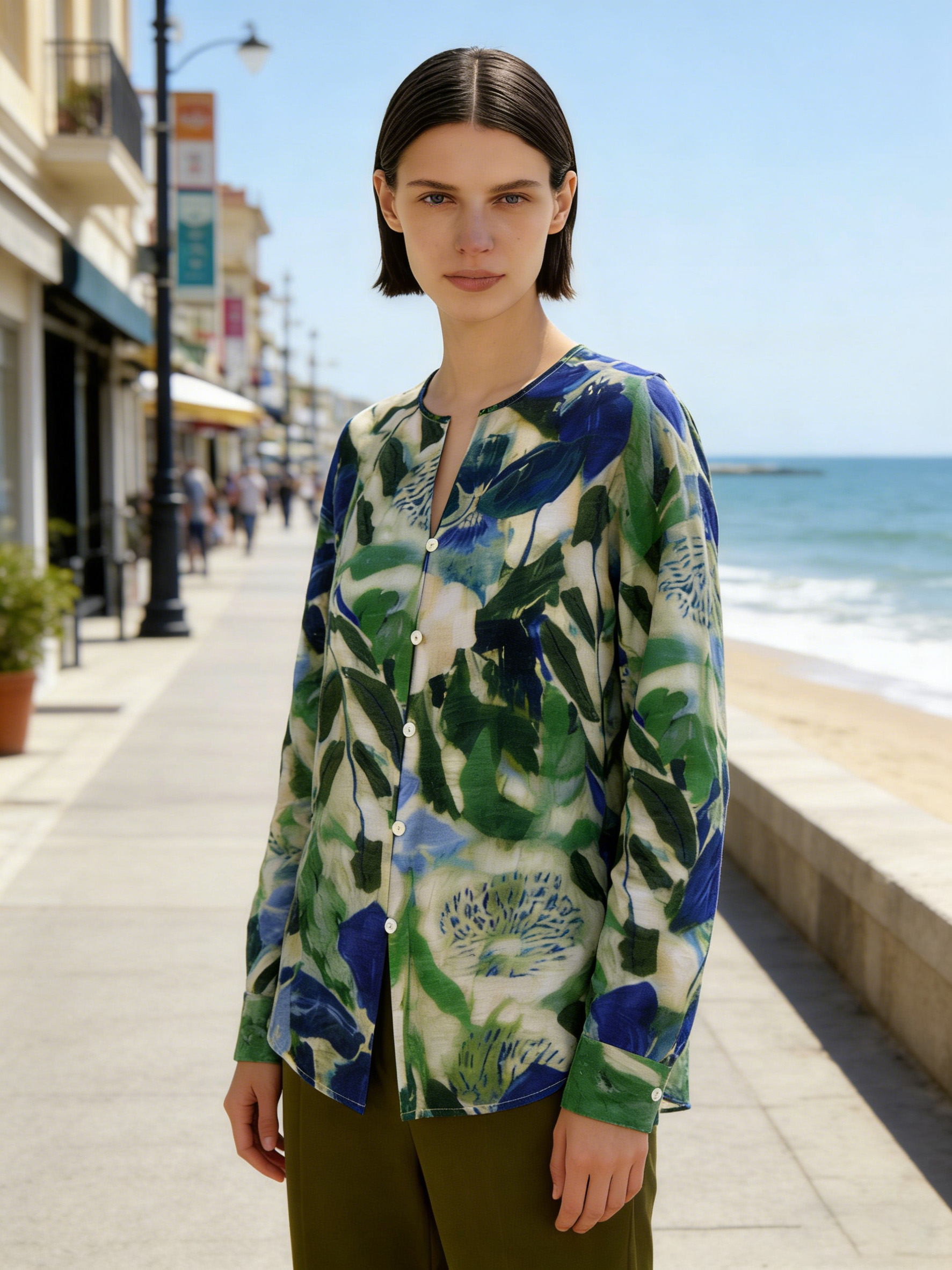 Floral Print Linen Blend Shirt – Casual V-Neck Button Down Loose Fit Resort Blouse AN-121007