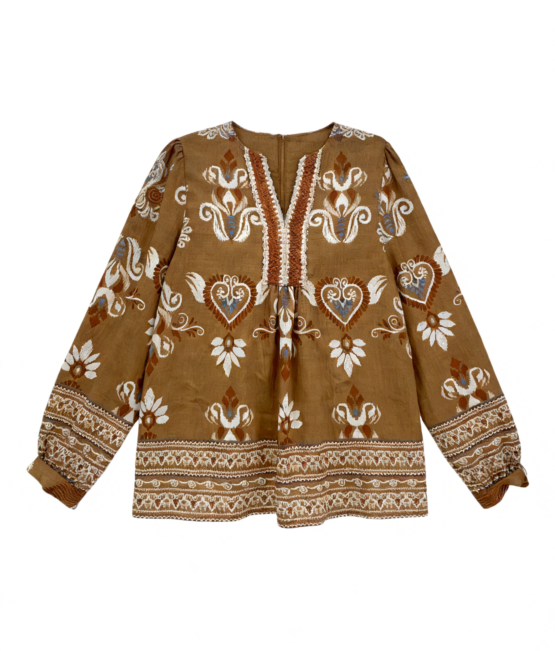 Bohemian Crochet Trim V-Neck Printed Blouse AN-121027