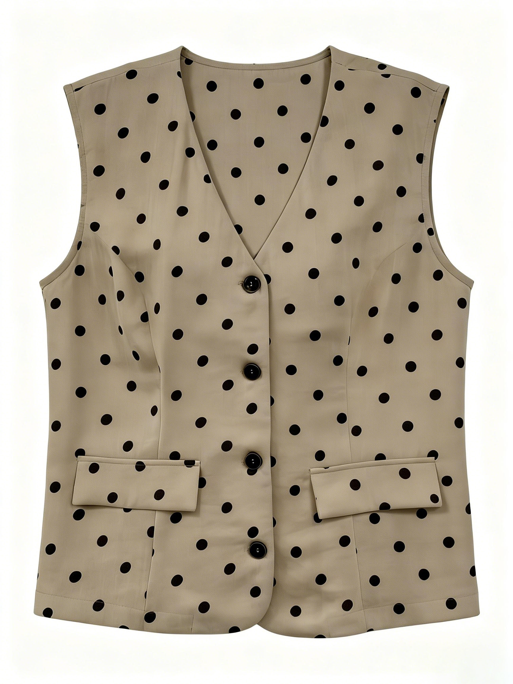 Chic Beige Polka Dot Vest - Fitted V-Neck Sleeveless Layering Top  A-42074
