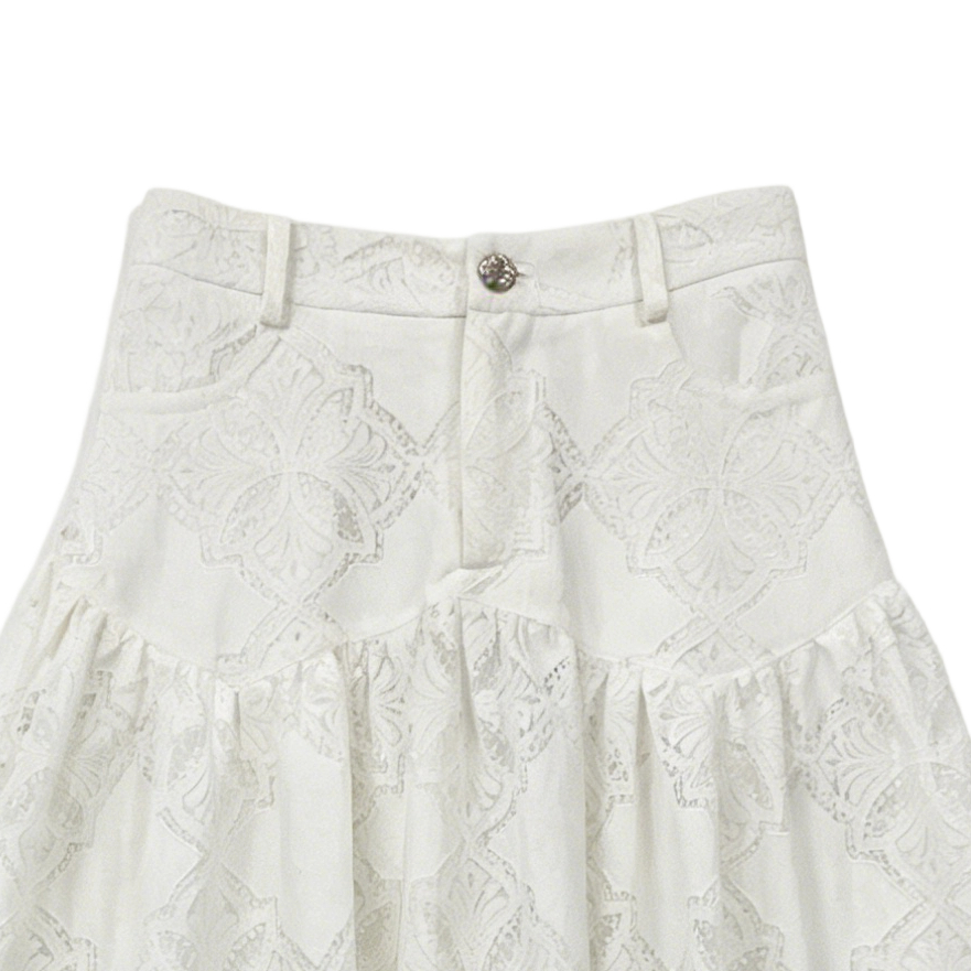 Elegant White Floral Embroidered Skirt - High Waist A-Line Casual Midi Skirt  A-42468