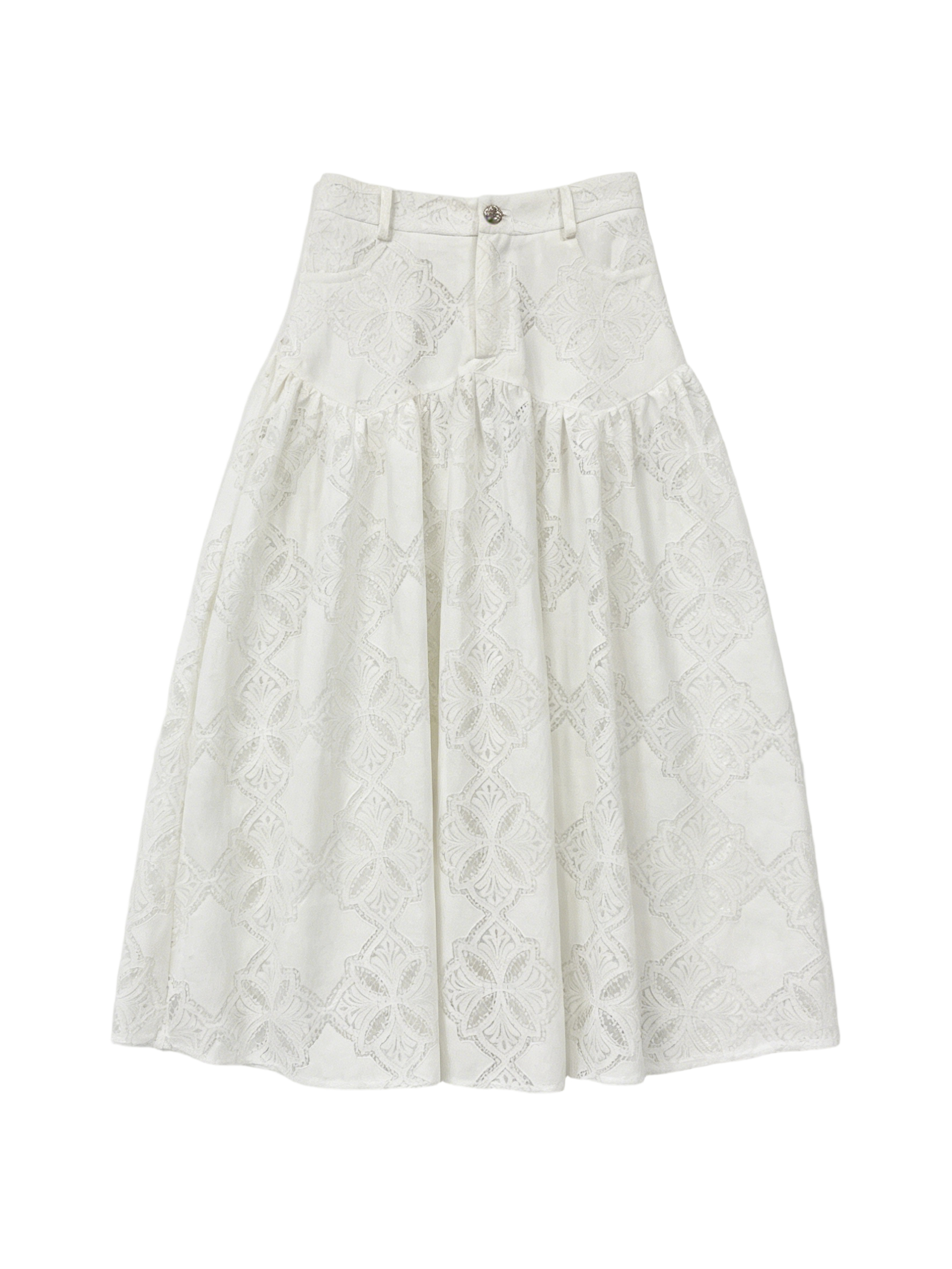 Elegant White Floral Embroidered Skirt - High Waist A-Line Casual Midi Skirt  A-42468