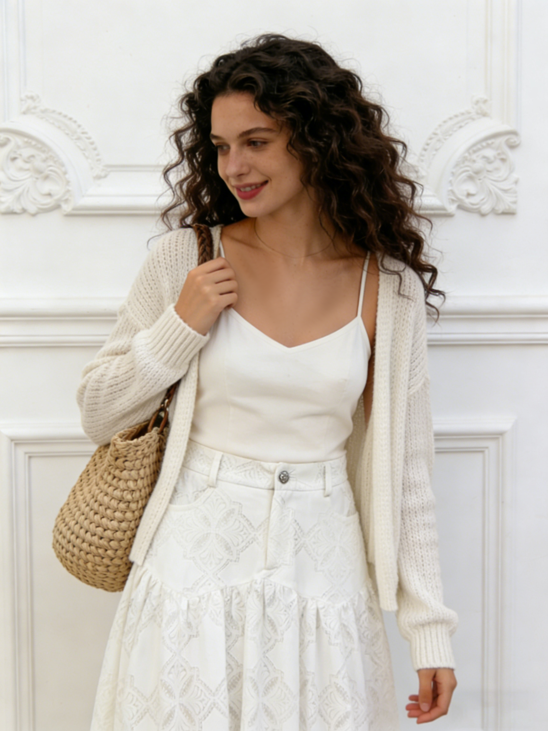 Elegant White Floral Embroidered Skirt - High Waist A-Line Casual Midi Skirt  A-42468
