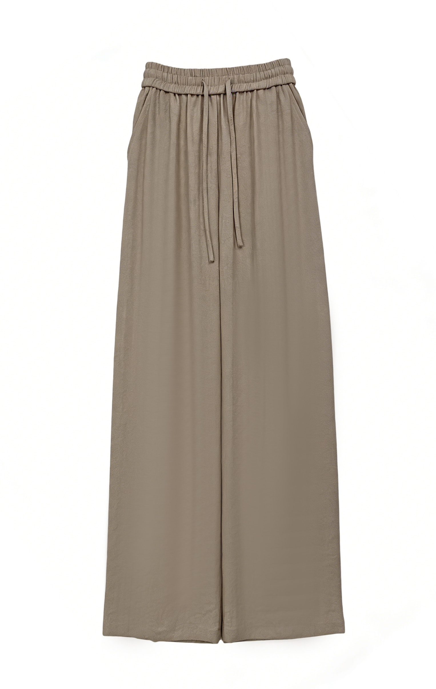 Women's Beige Satin Wide Leg Pants - Drawstring Waist Relaxed Fit Trousers  A-42588