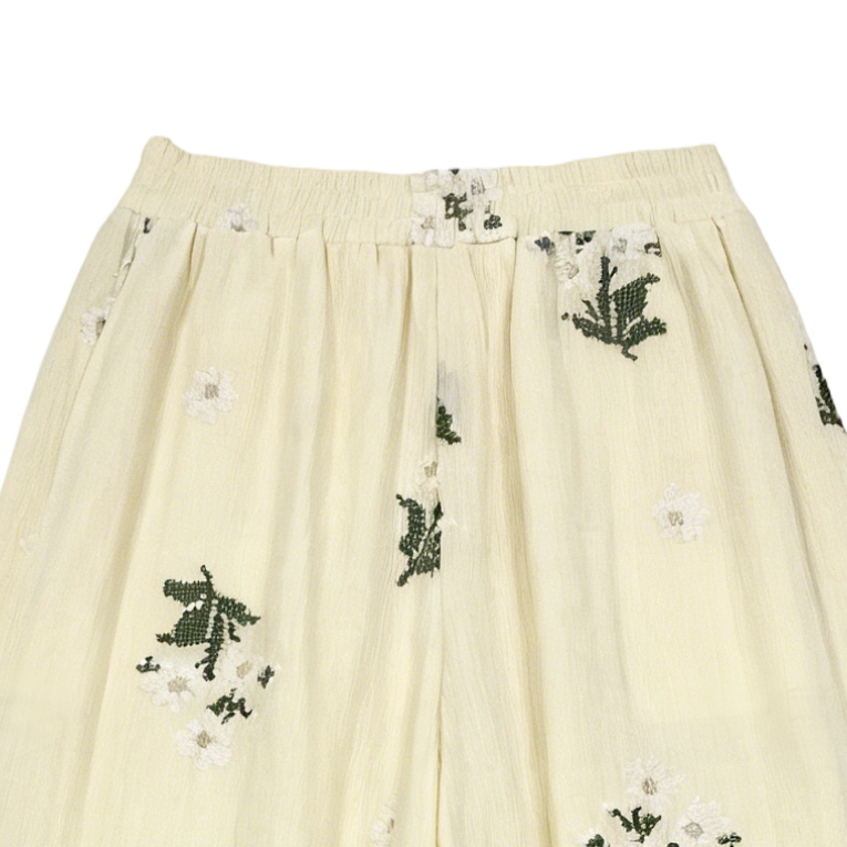 Elegant White Linen Wide Leg Pants - Floral Embroidered High Waist Casual Trousers C-39950