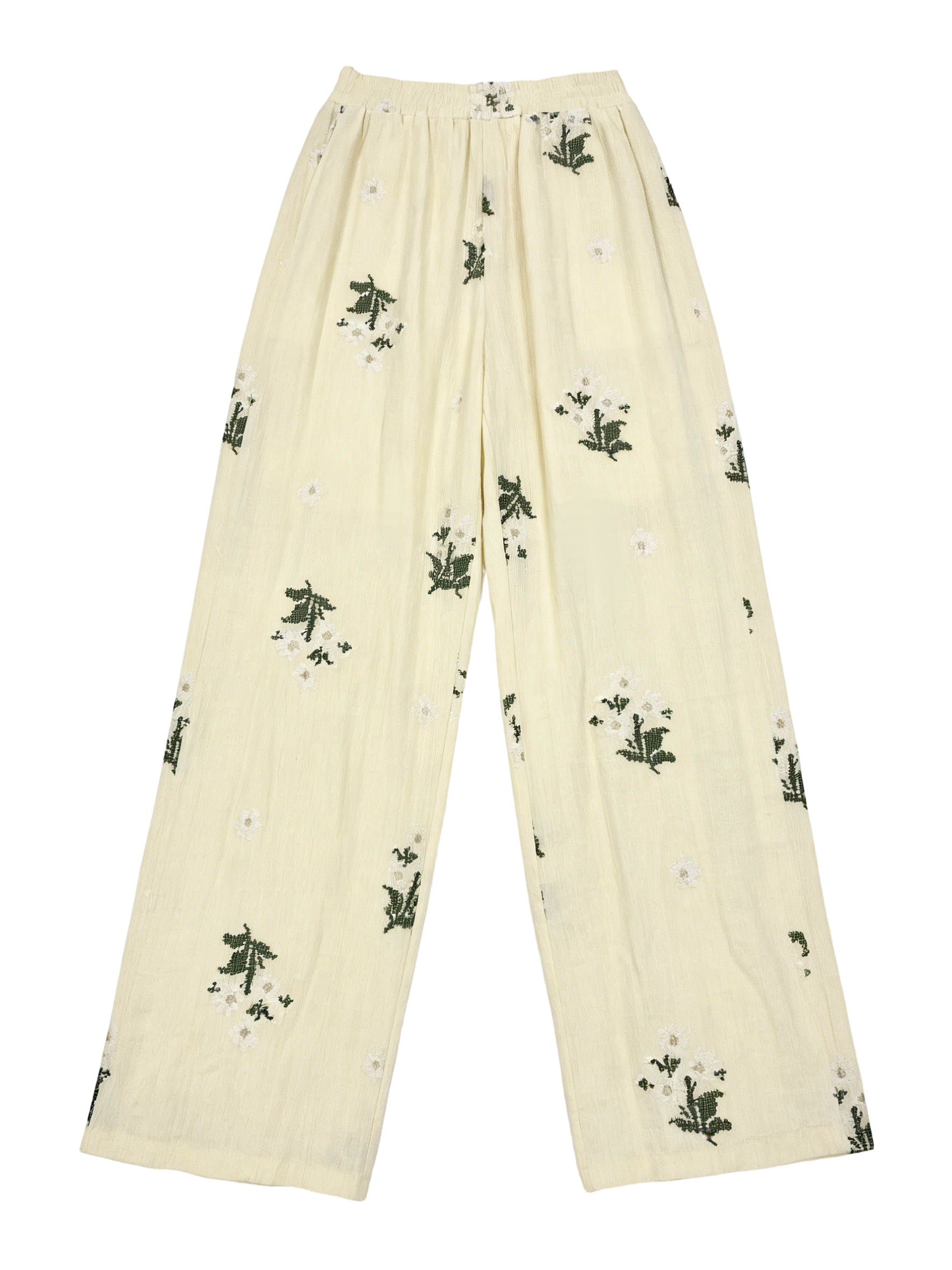 Elegant White Linen Wide Leg Pants - Floral Embroidered High Waist Casual Trousers C-39950