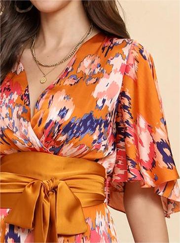 Vibrant Floral Wrap Belted Flutter Sleeve Maxi Dress W-32906