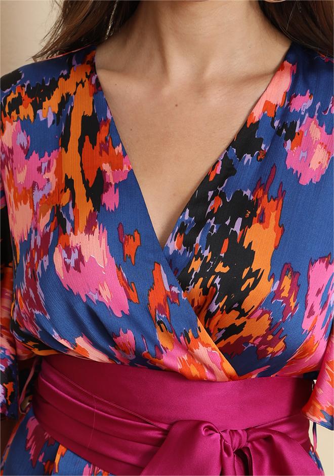 Vibrant Floral Wrap Belted Flutter Sleeve Maxi Dress W-32906